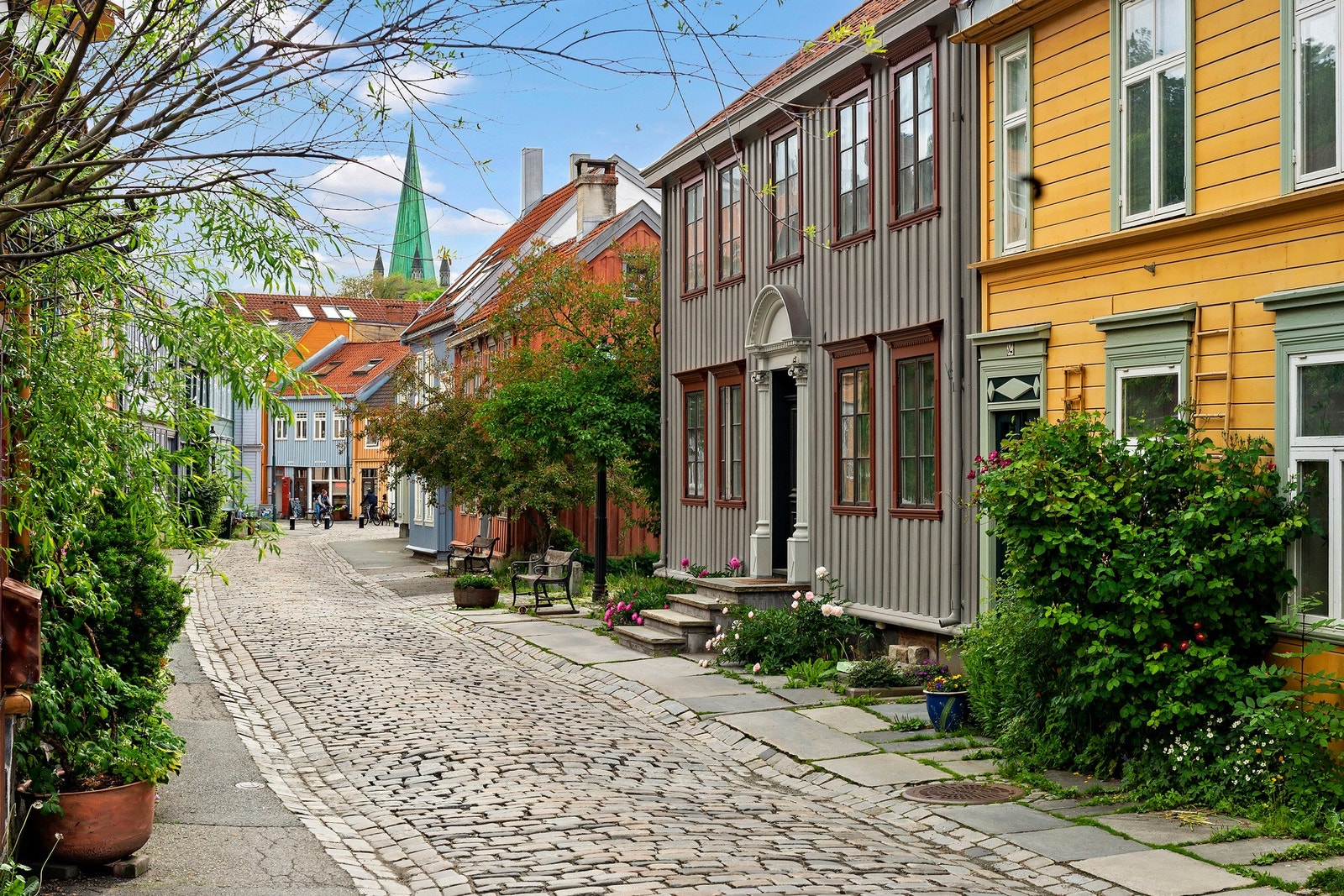 En idyllisk brosteinsgate på Bakklandet i Trondheim, omgitt av fargerike trehus, blomstrende hager og grønne trær, med Nidarosdomen som ruver i bakgrunnen finner du i ditt område. Galleribilde