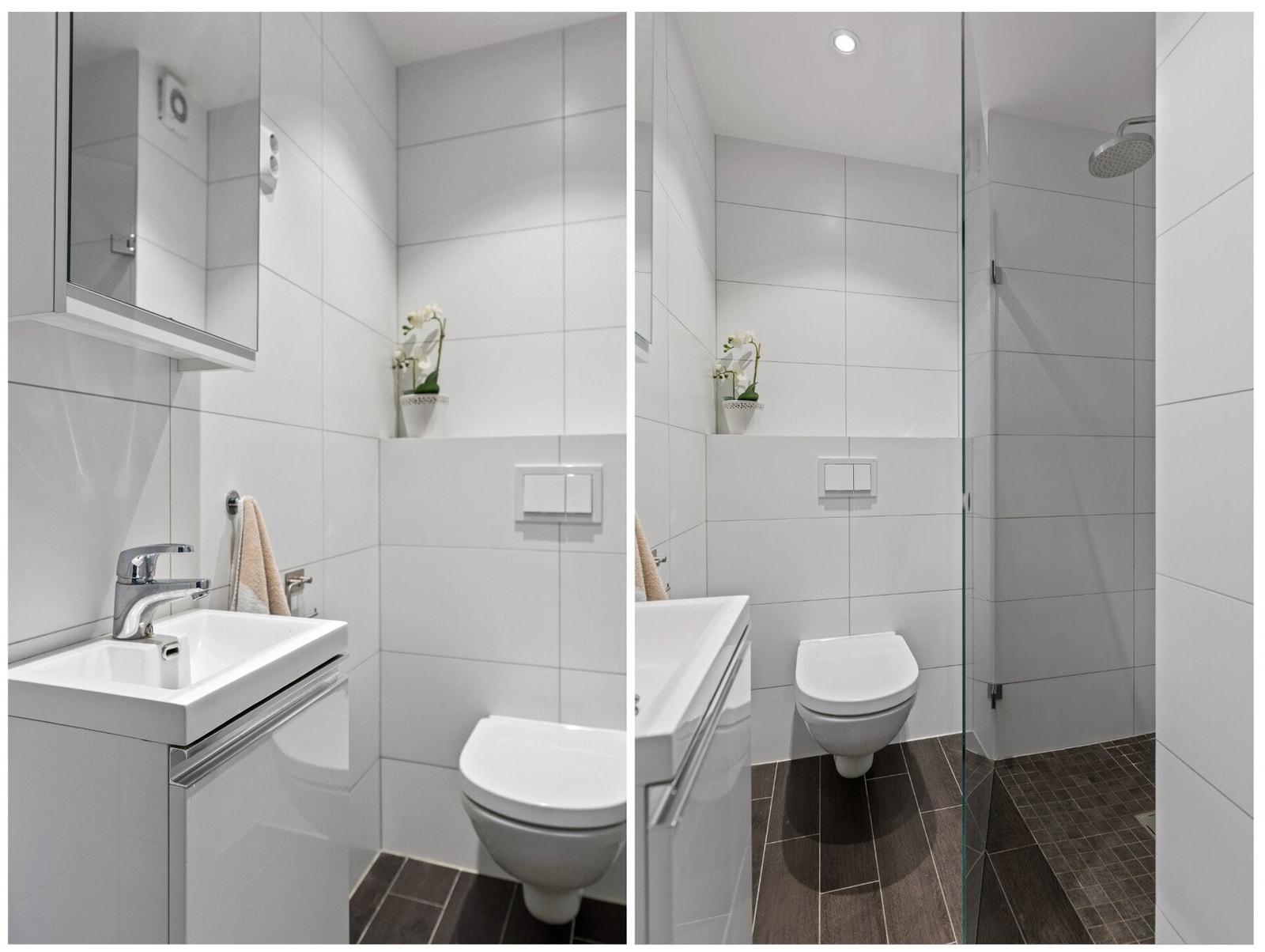 Flislagt bad med varmekabler i gulv, som har adkomst fra trapperom. Galleribilde