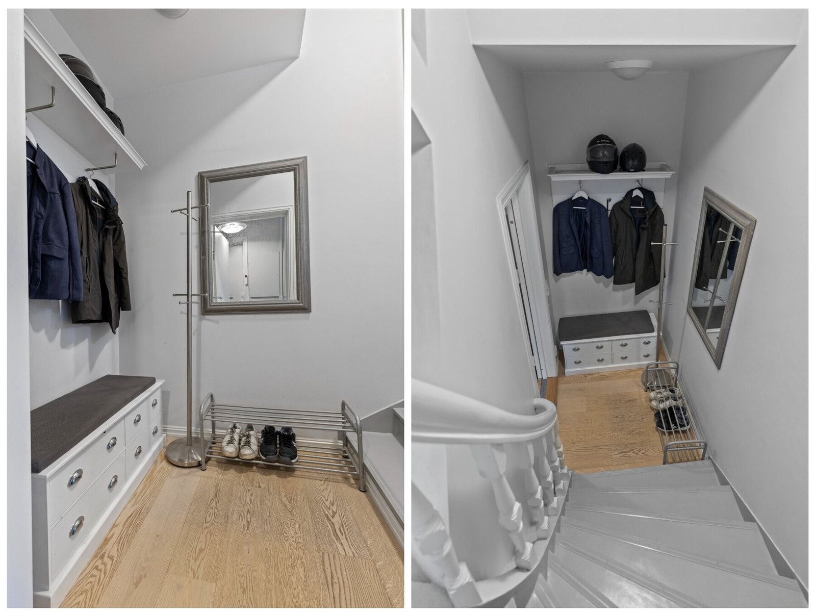 Hyggelig entré med varmefolie gulv, beliggende i 2.etasje med trapp opp til 3.etasje. Galleribilde