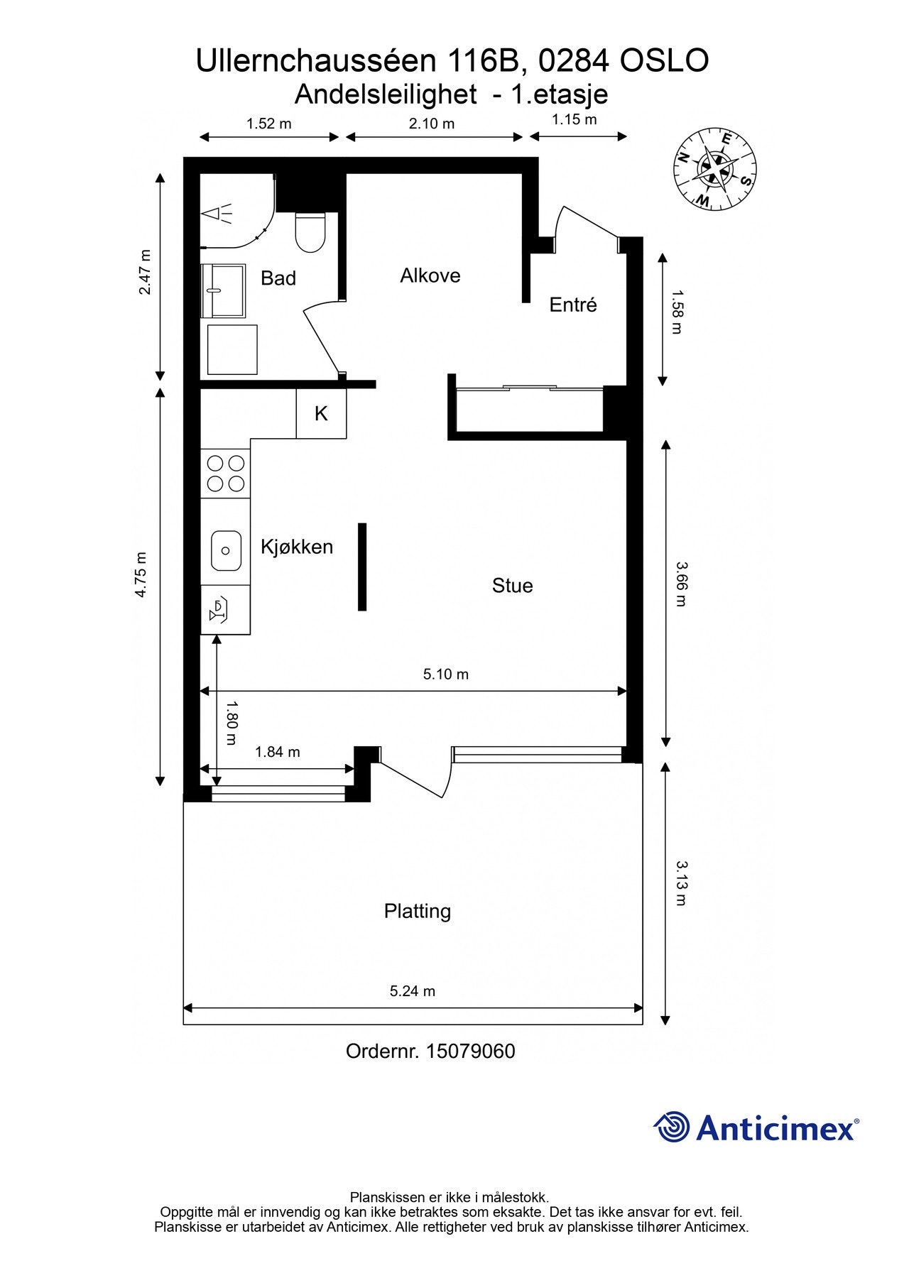 Plantegning. I tillegg disponerer leiligheten en kjellerbod på 4m², samt en garasjeplass med elbil-lader i felles parkeringskjeller. Galleribilde