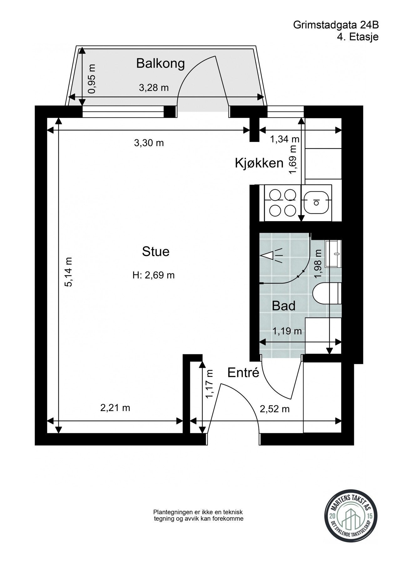 Plantegning. Boligen disponerer to boder - en med strømuttak like utenfor inngangsdøren, og en på loftet Galleribilde
