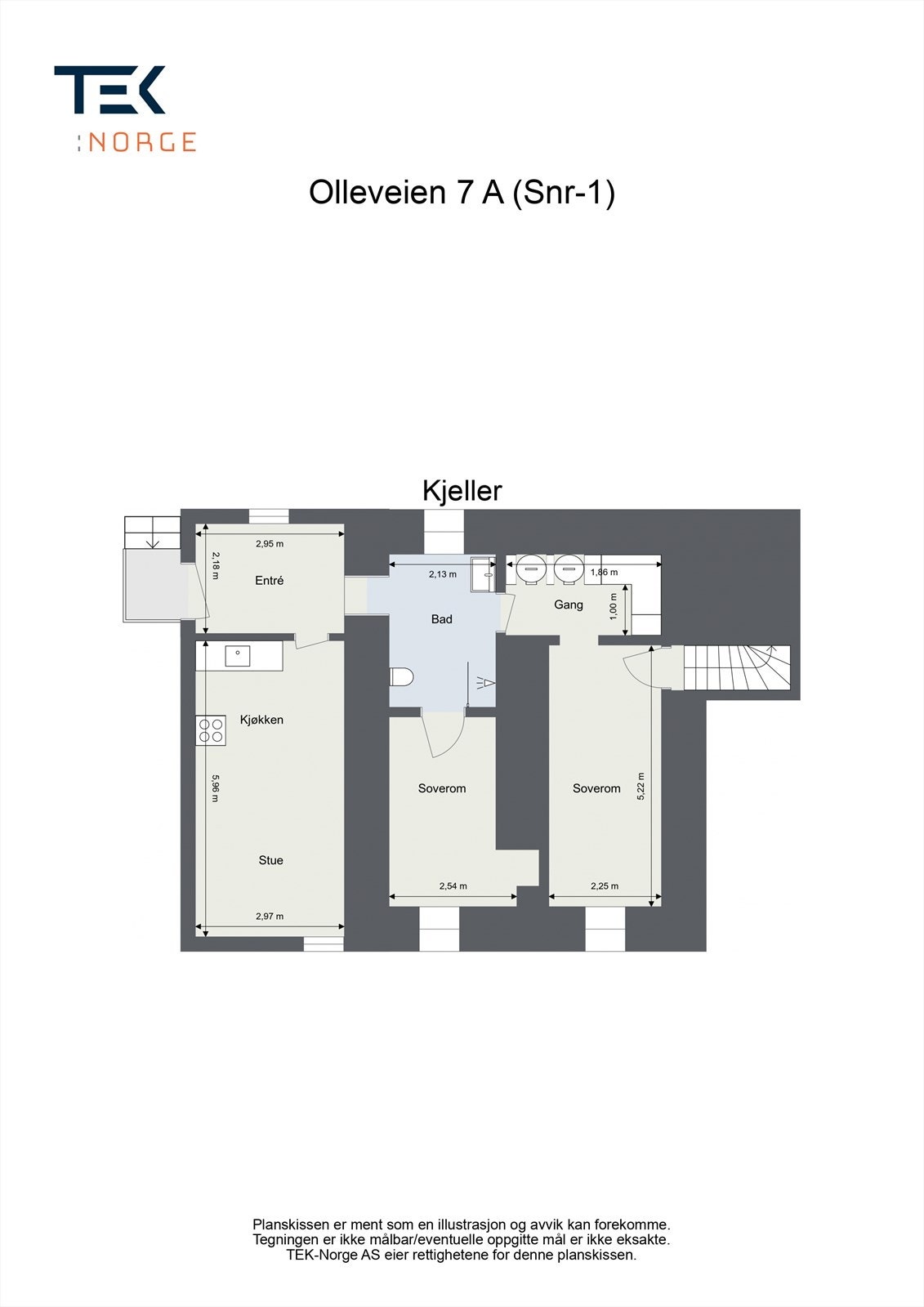 Plantegning for kjellerenheten. Merk at takhøyden stedvis er under 2,20 m. Galleribilde