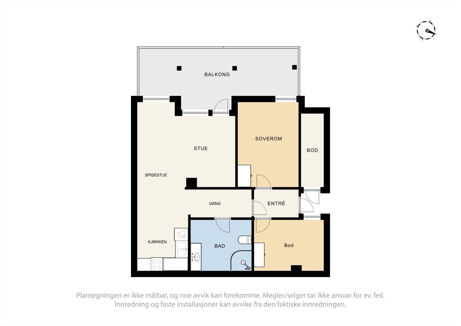 Leiligheten har en arealeffektiv planløsning med to soverom, bod og åpen stue/kjøkkenløsning. Det ene soverommet er ikke godkjent for dagens bruk (se punkt "Ferdigattest" i salgsoppgaven). Galleribilde