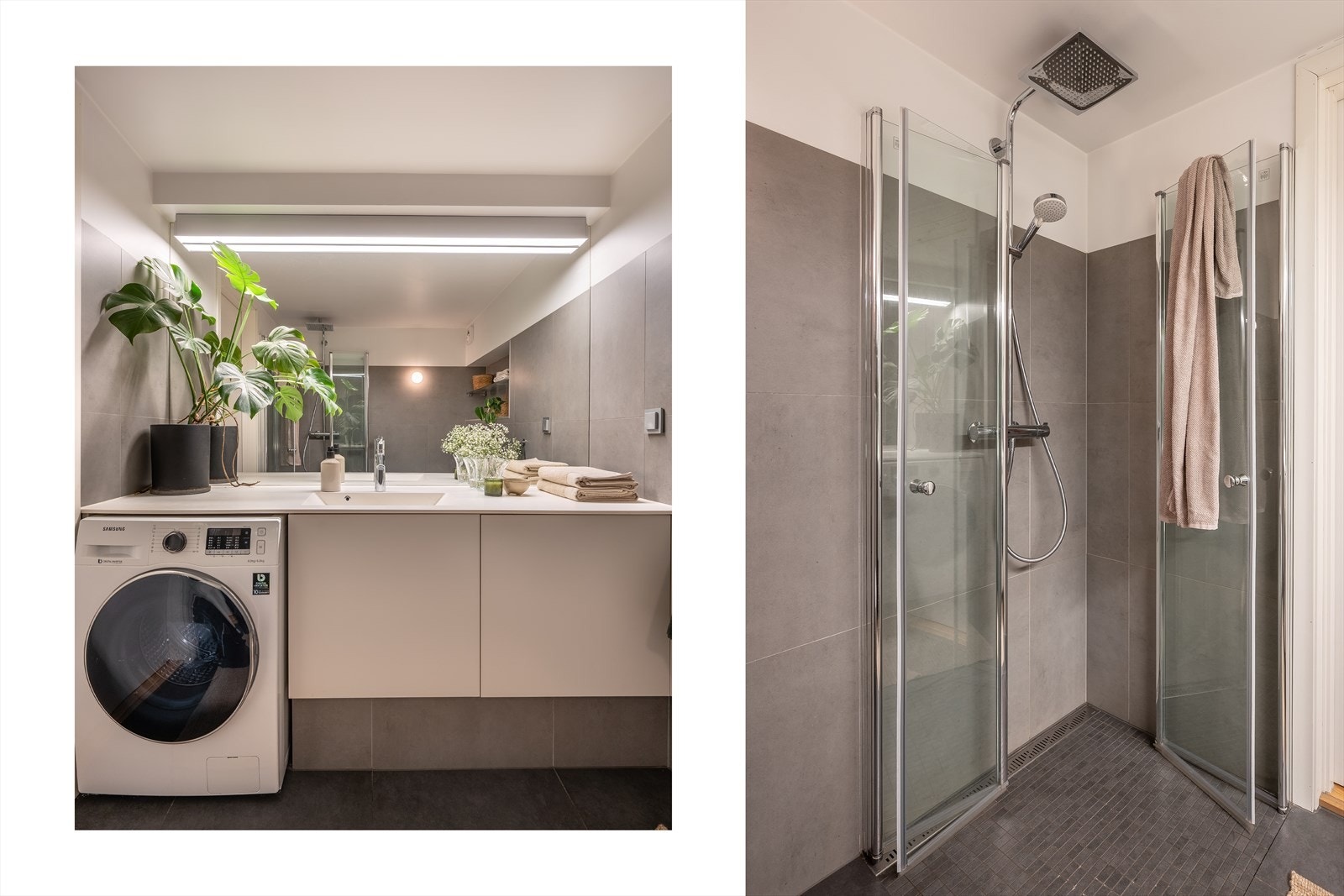 Badet er utstyrt med servant på benkeplate med underliggende skap, integrert speil, vegghengt toalett og dusjhjørne. Galleribilde