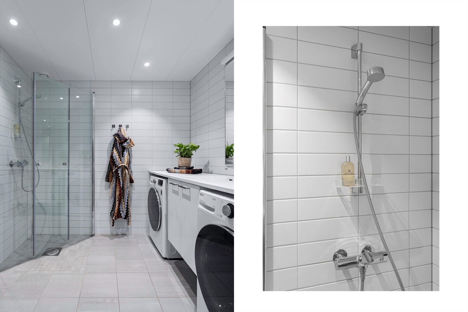 Vegghengt klosett og dusjvegger gir et moderne og praktisk preg, og også her er det vannbåren varme i gulv for ekstra komfort. Galleribilde