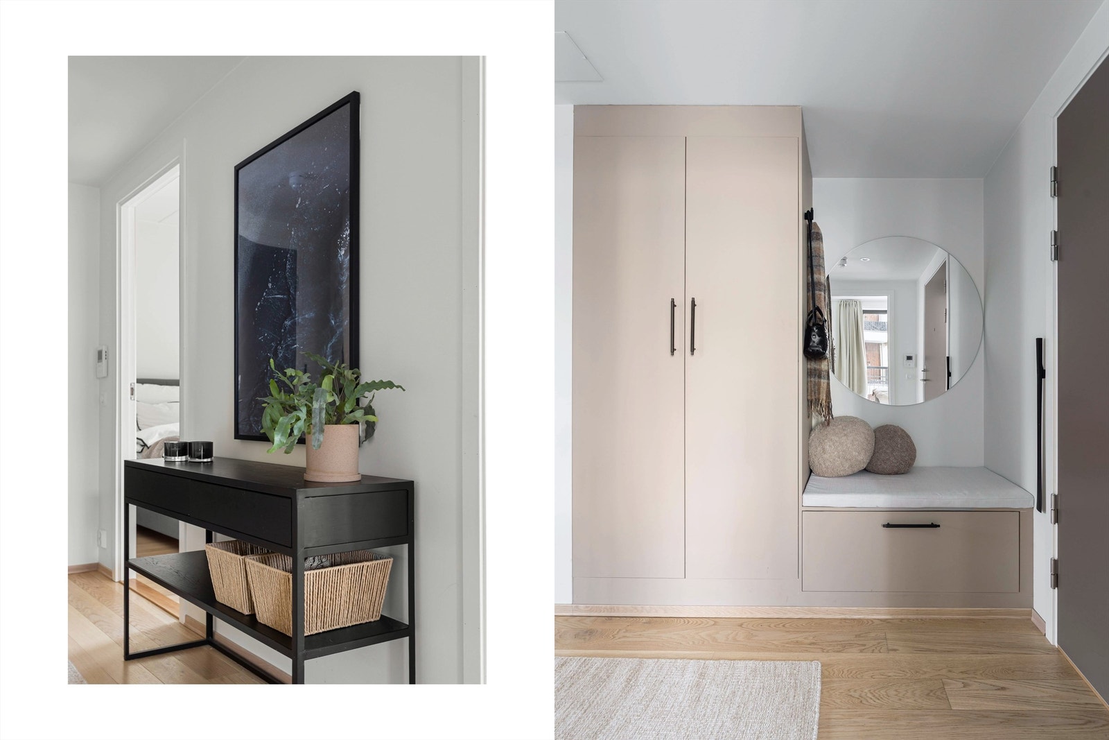 Plassbygd garderobeløsning med integrert sittebenk sørger for optimal oppbevaring og et ryddig, gjennomført uttrykk allerede ved første steg inn i boligen. Galleribilde