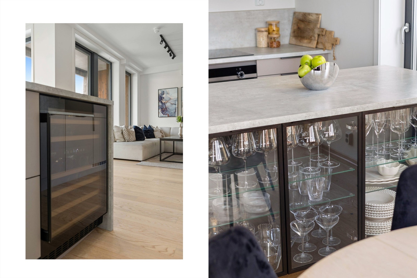 Kjøkkenøy gir godt med ekstra benkeplass og er et fint blikkfang på kjøkkenet. I tillegg er det integrert vinskap og vitrineskap til oppbevaring av servise. Galleribilde