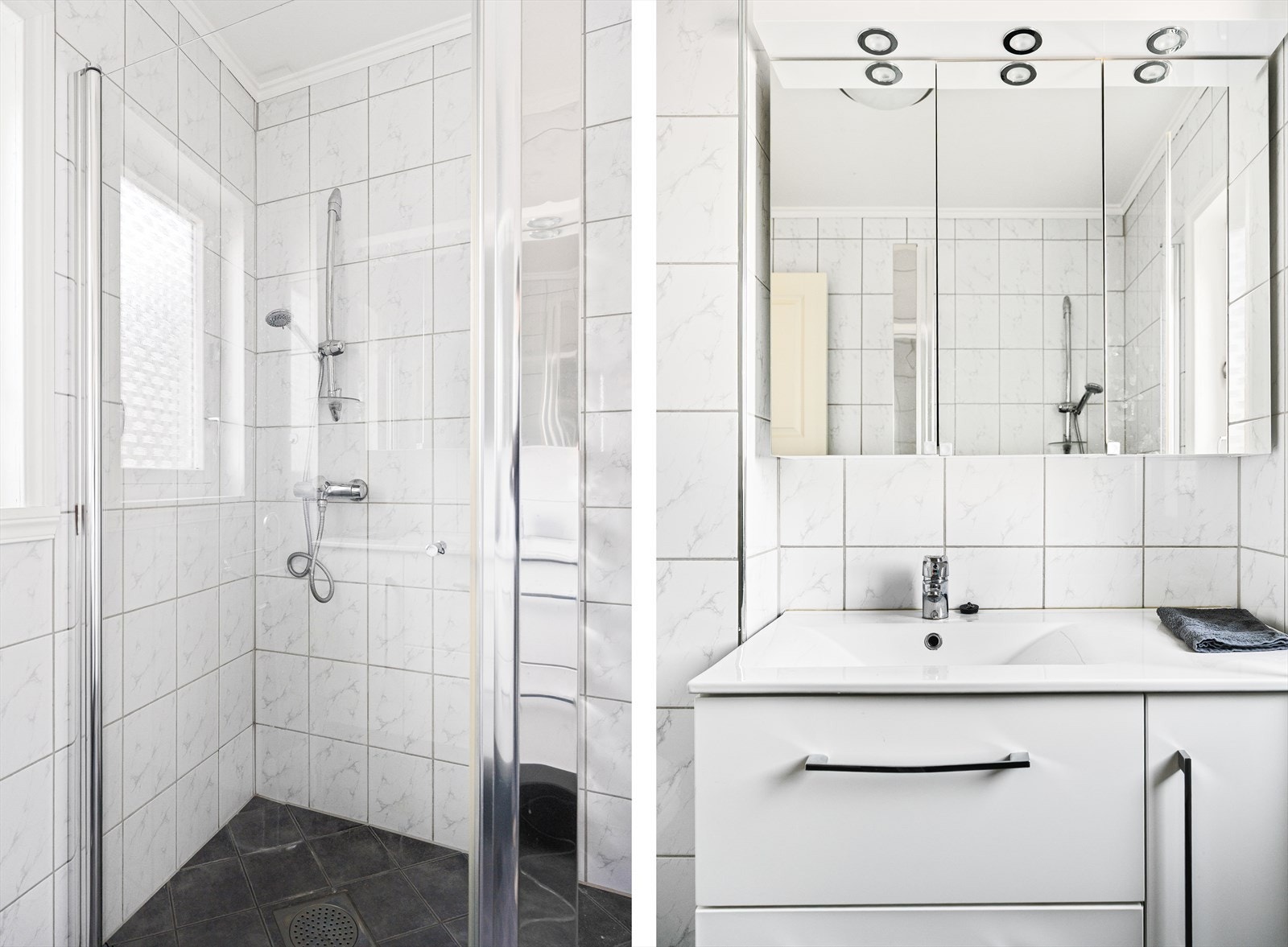 Rommet er innredet med baderomsinnredning, speilskap dusjhjørne og vegghengt toalett. Galleribilde