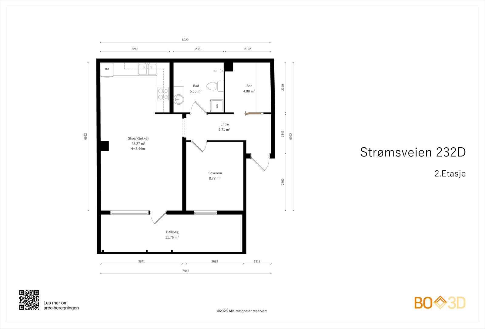Leiligheten har en arealeffektiv planløsning på 53 m² med soverom, bad og en praktisk bod. Galleribilde
