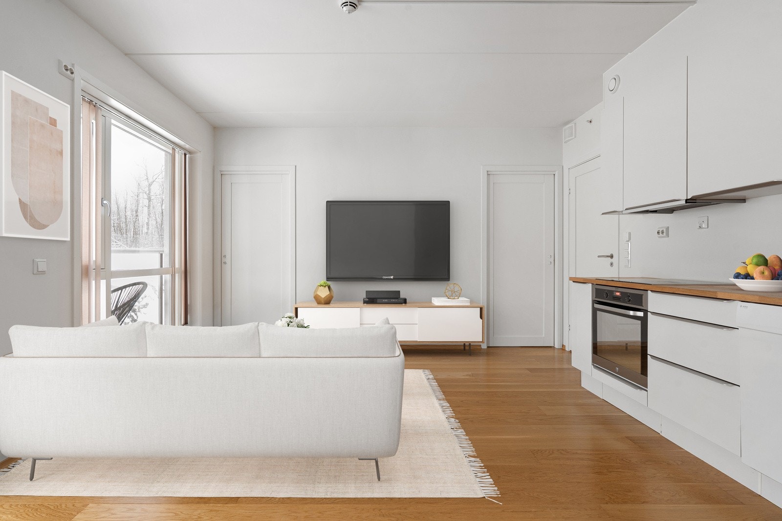 Åpen stue/kjøkkenløsning og store vindusflater. Digital styling ment som illustrasjon - avvik kan forekomme.