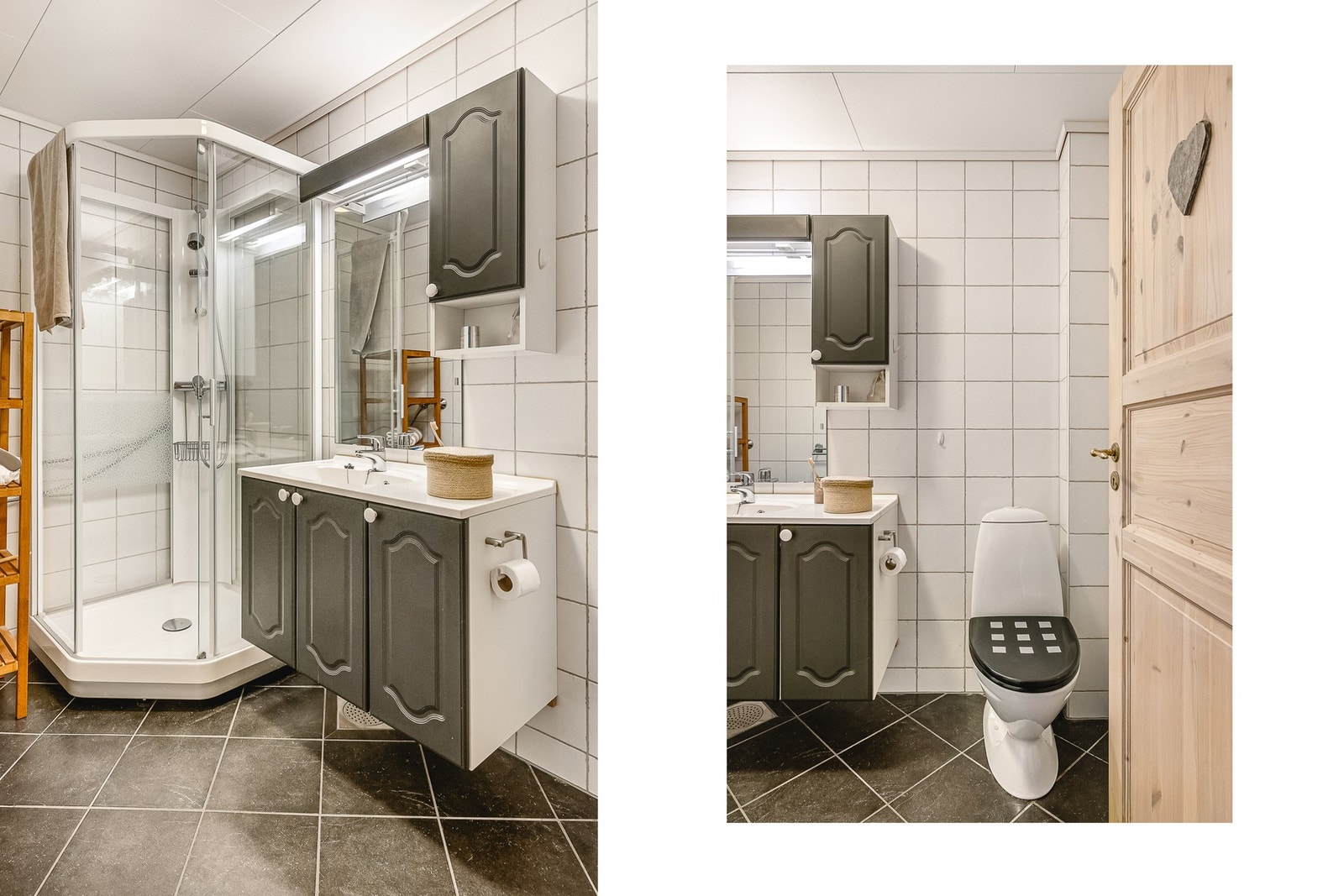 Etasjens bad er flislagt og har varme i gulv Galleribilde