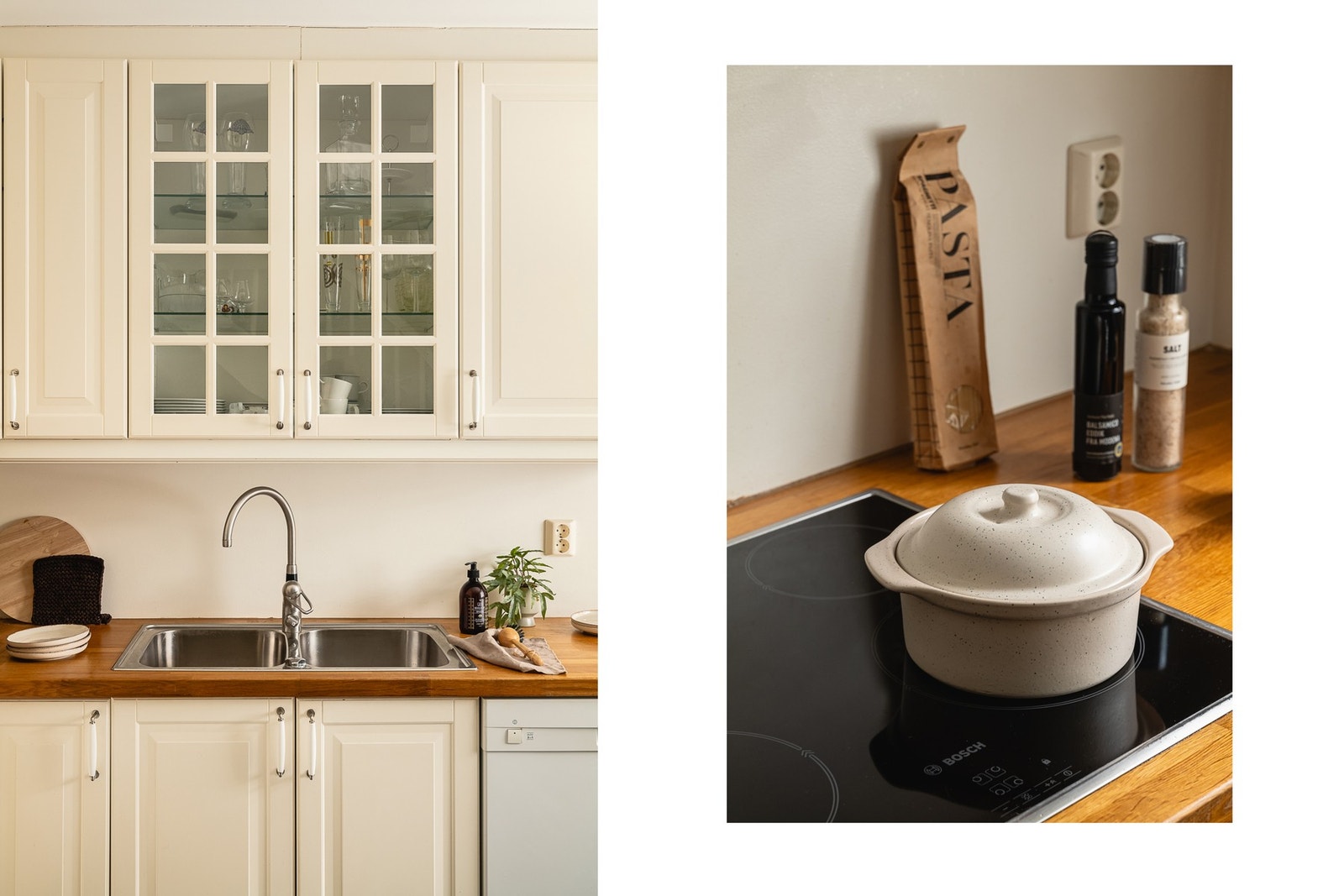 Av hvitevarer finner man stekeovn, induksjonstopp, oppvaskmaskin og kjøleskap i nisje Galleribilde