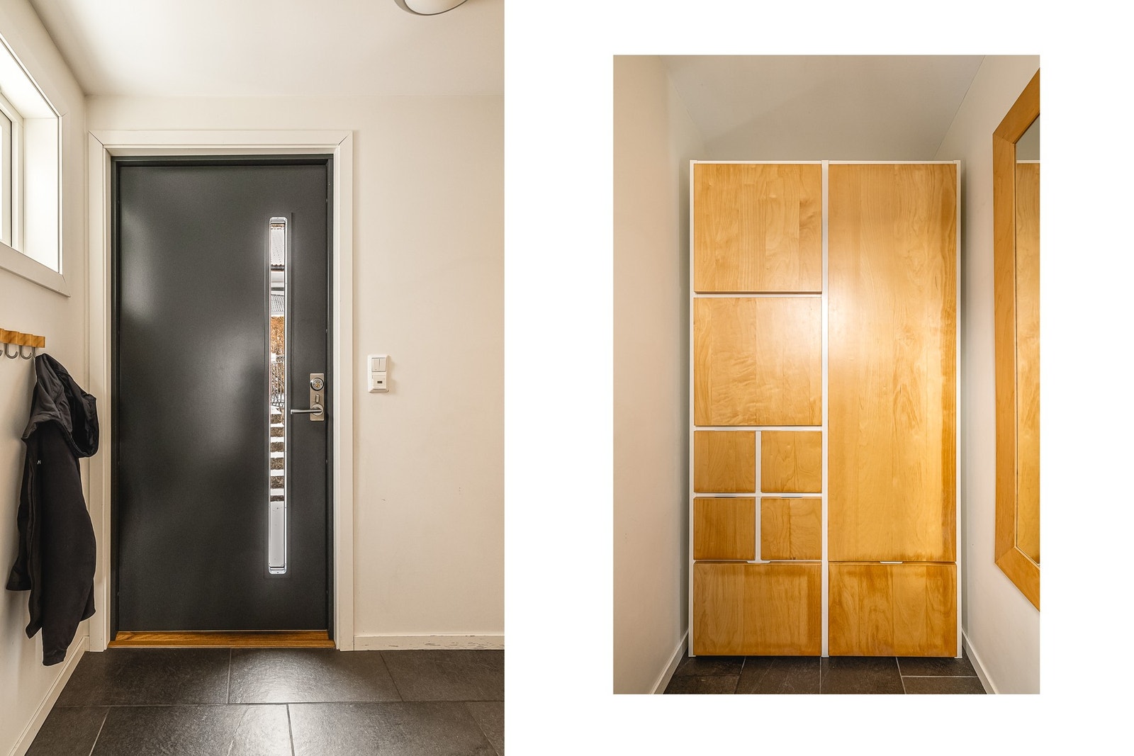 Lyst og pent inngangsparti med god plass til oppbevaring av sko og yttertøy Galleribilde