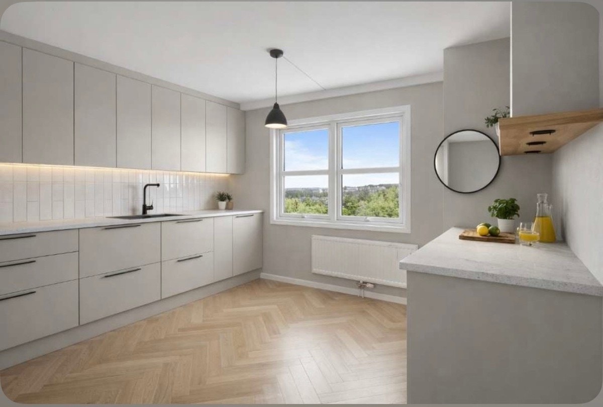 Kjøkkenet er stort og byr på meget godt med benkeplass og skapplass. Digital styling til inspirasjon, gjennom AI. Galleribilde