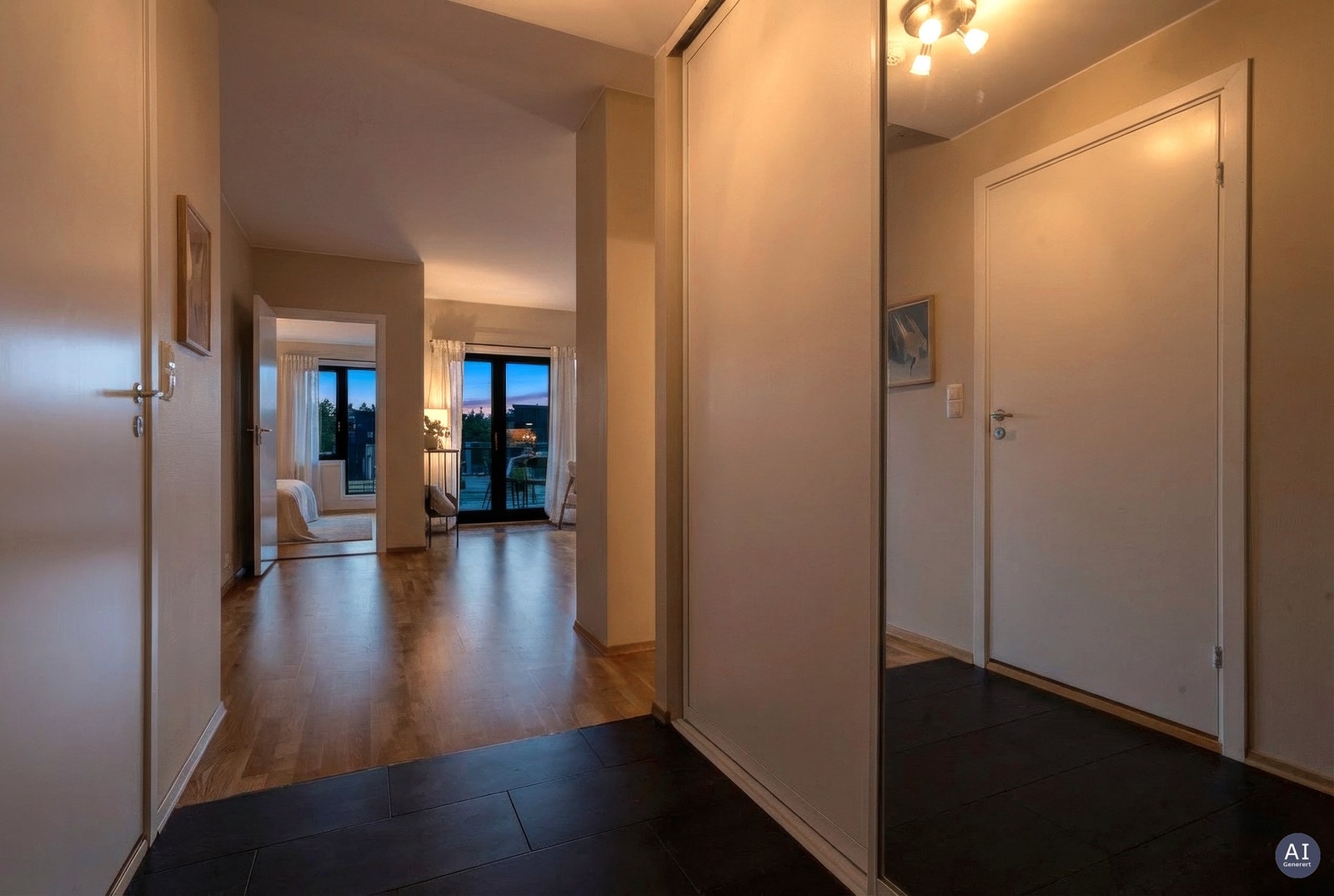 Gangen har flislagt gulv - både praktisk og stilrent, og er utstyrt med en romslig skyvedørsgarderobe for smart oppbevaring. Galleribilde