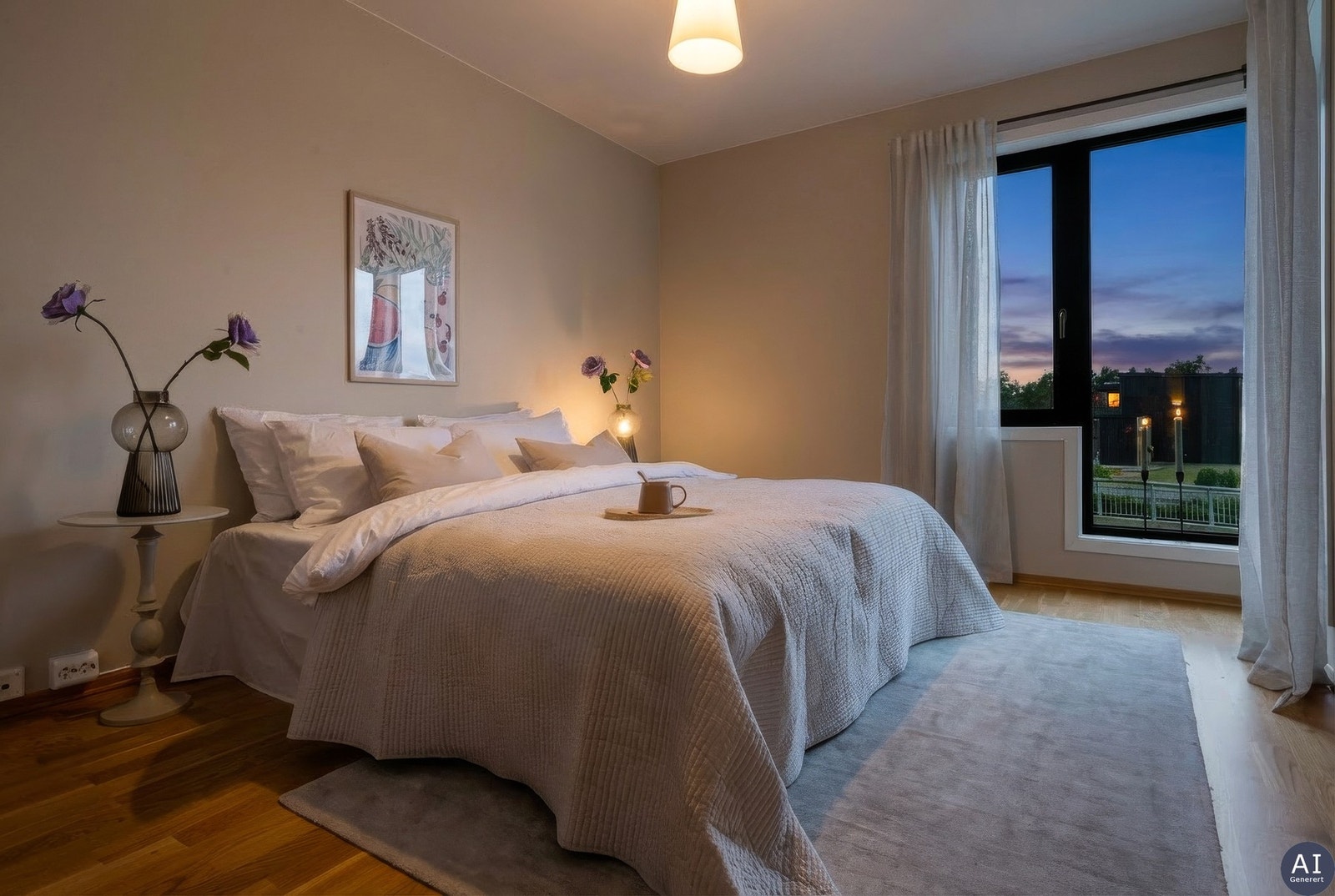 Stort soverom med garderobeskap. Store vinduer gir godt lysinnslipp, samtidig som det er lite innsyn. Galleribilde