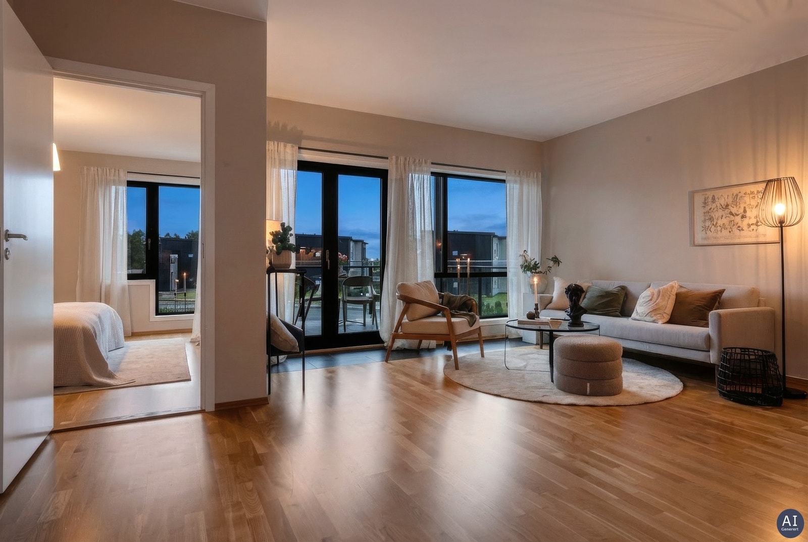 Leiligheten har parkett på gulv, store vindusflater og nylig malte overflater. Fra stuen er det utgang til en solrik balkong på ca. 9,5 kvm. Galleribilde