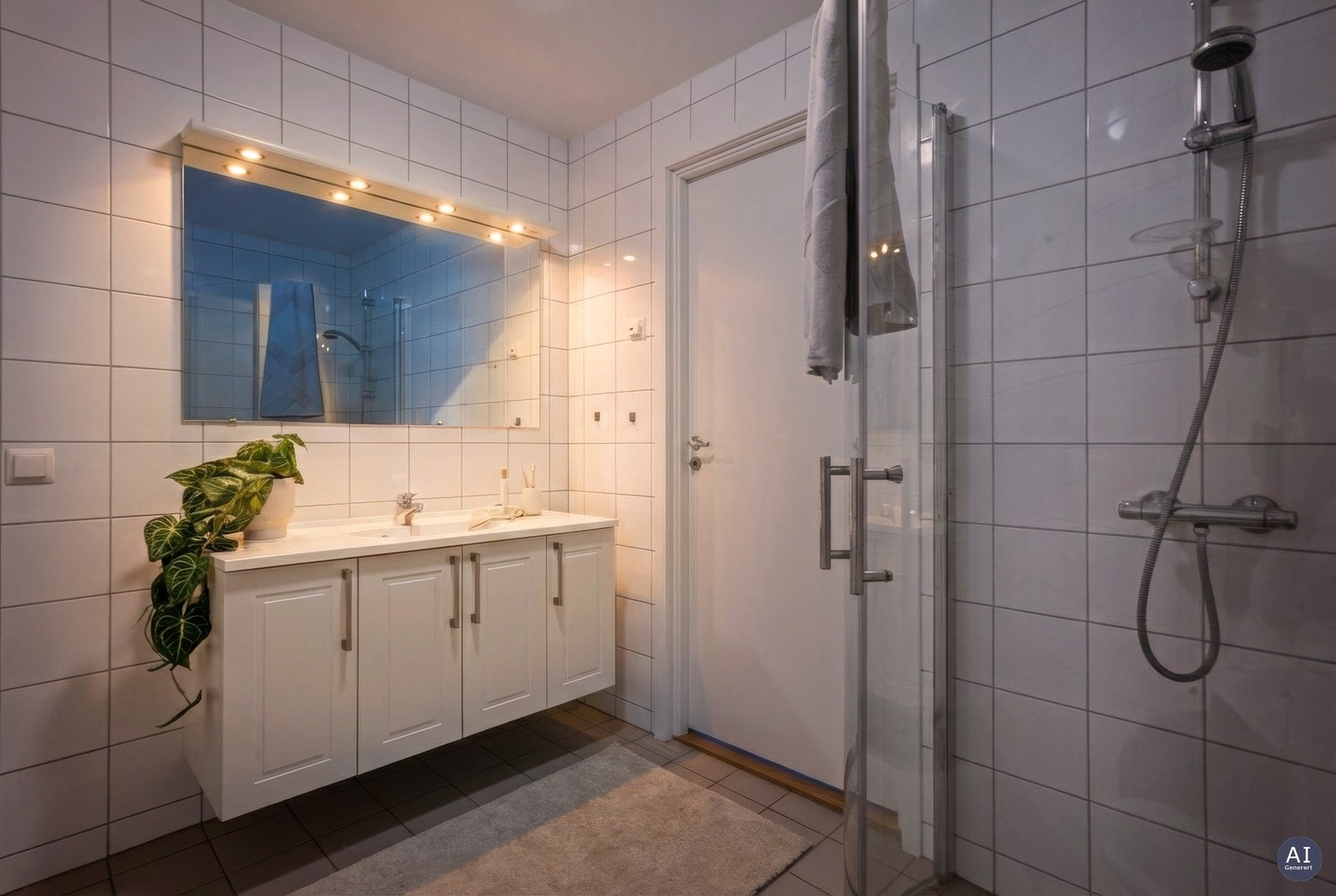 Badet har keramiske fliser på gulv og vegger, varmekabler og en praktisk utforming. Galleribilde