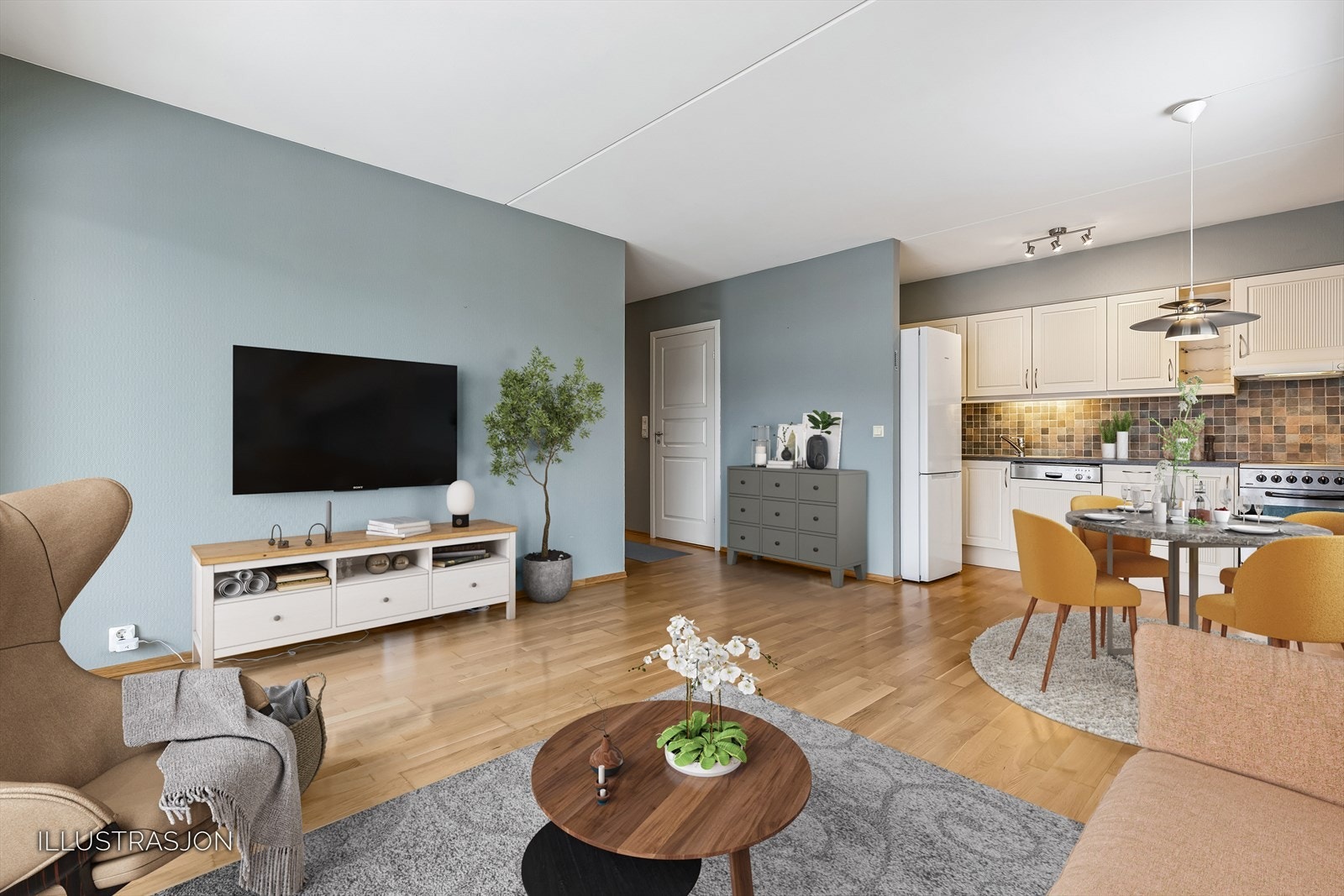 Den åpne planløsningen gir fleksibilitet for møblering av både stue- og kjøkkensone. Galleribilde