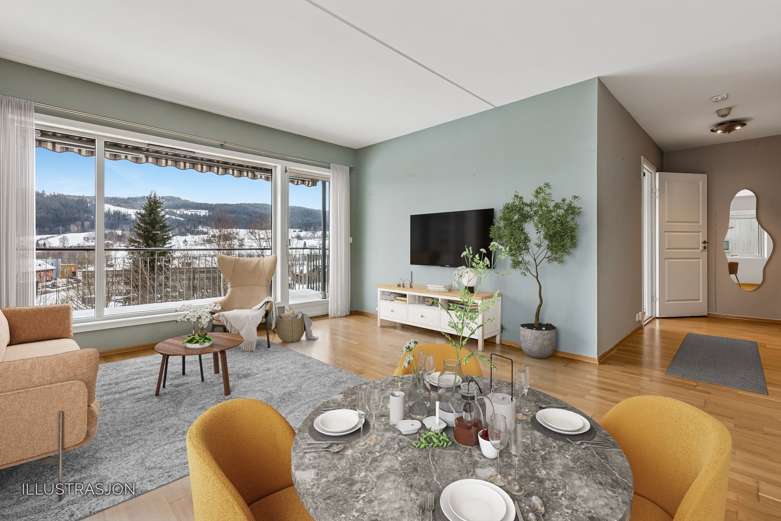 Stuen er lettmøblert og har god plass til en sittegruppe, som vist i denne illustrasjonen. Galleribilde