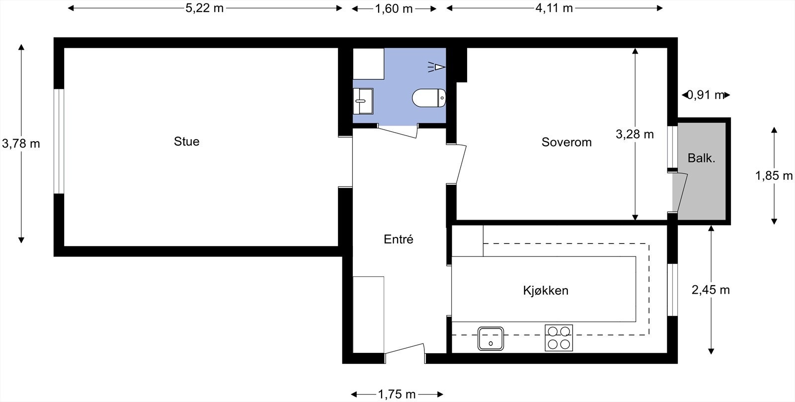 Leiligheten ligger i byggets 4. etasje og inneholder entré, stue, bad, kjøkken og soverom med utgang til balkong.
I tillegg disponerer leiligheten en kjellerbod. Galleribilde