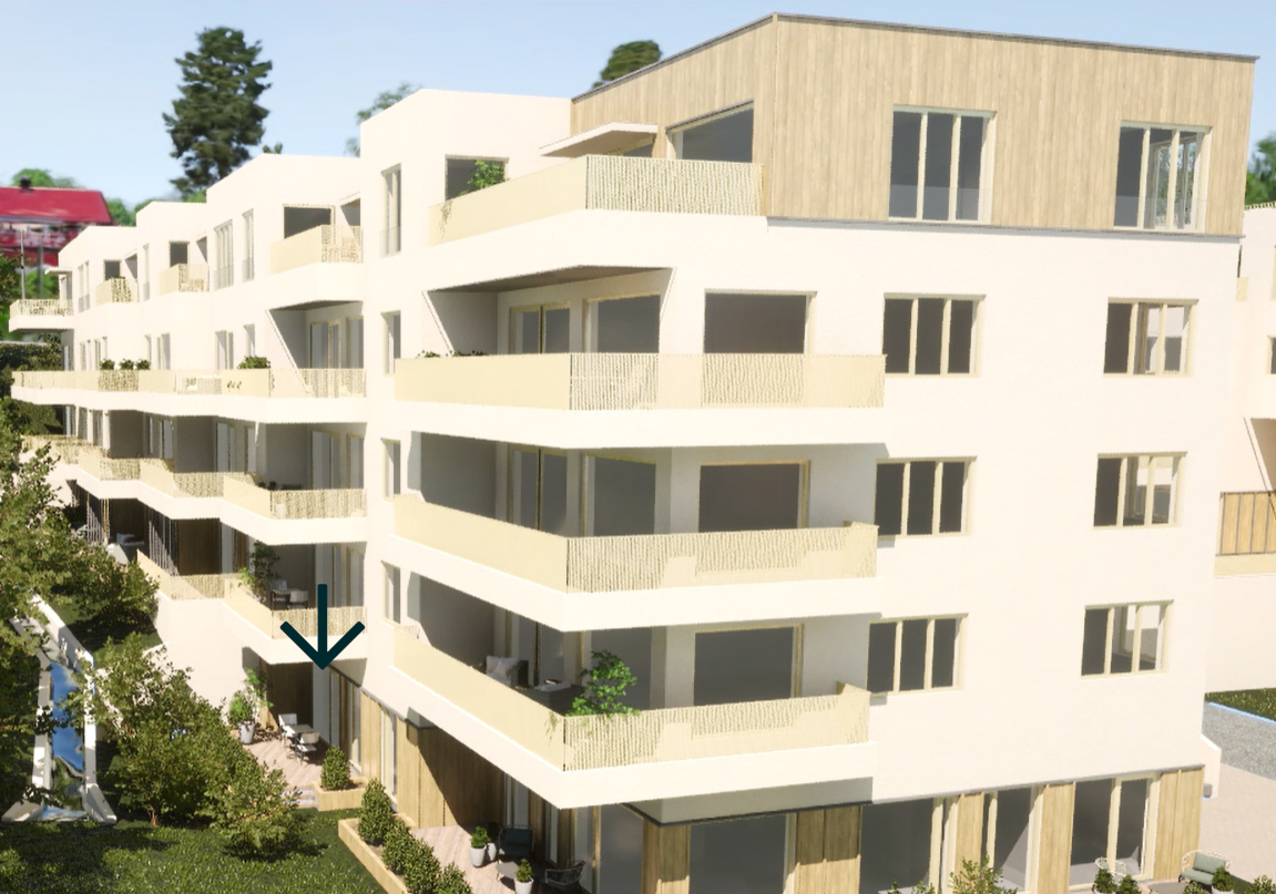 Utklipp fra visningsmodellen til prosjektet. Leiligheten har en vestvendt markterrasse. Galleribilde