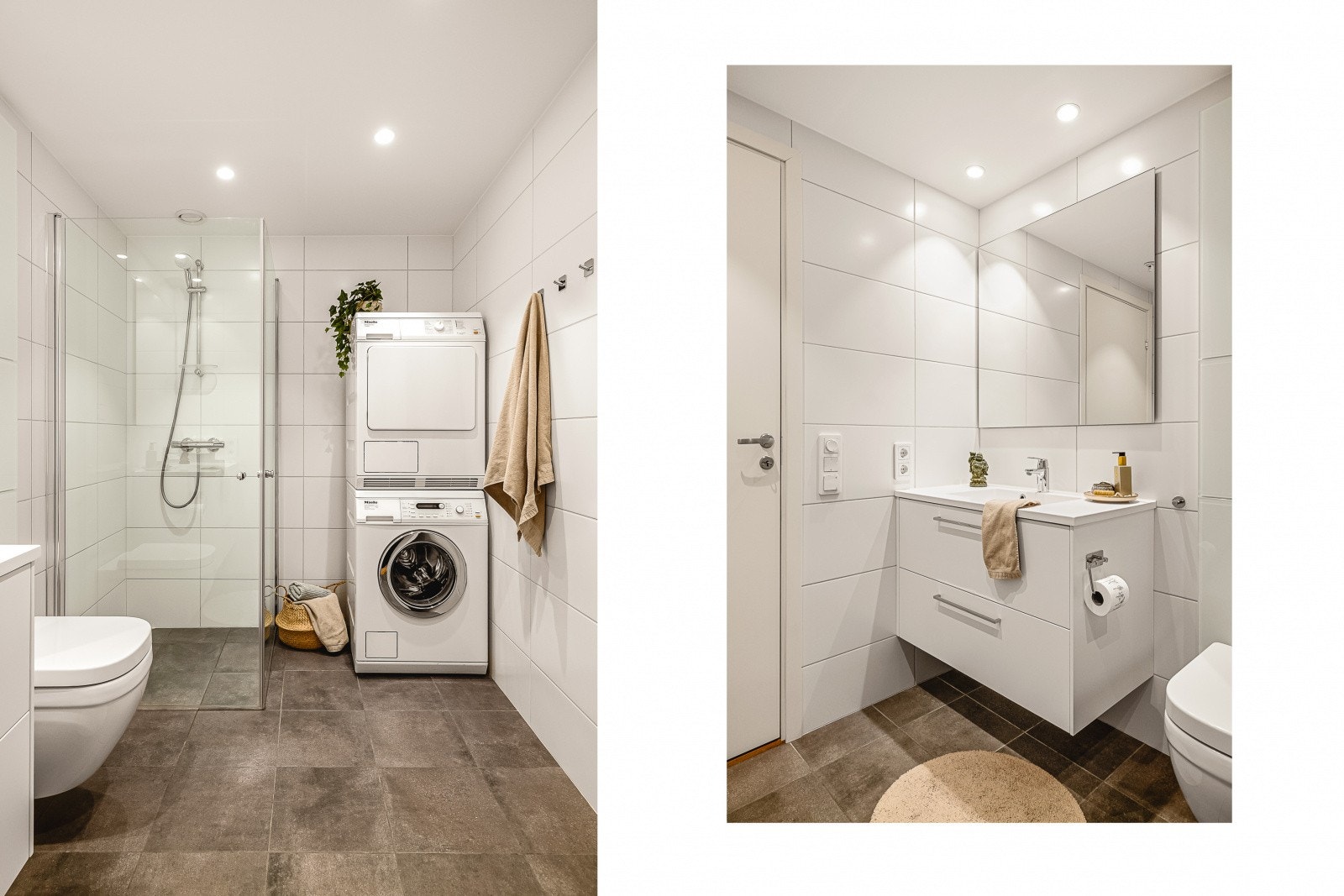 Innredning ellers er for øvrig foldedører i dusj, veggtoalett og baderomsinnredning med heldekkende servant, samt speil. Mekanisk avtrekk via balansert ventilasjon med tilluft under dør og gulvvarme. Galleribilde