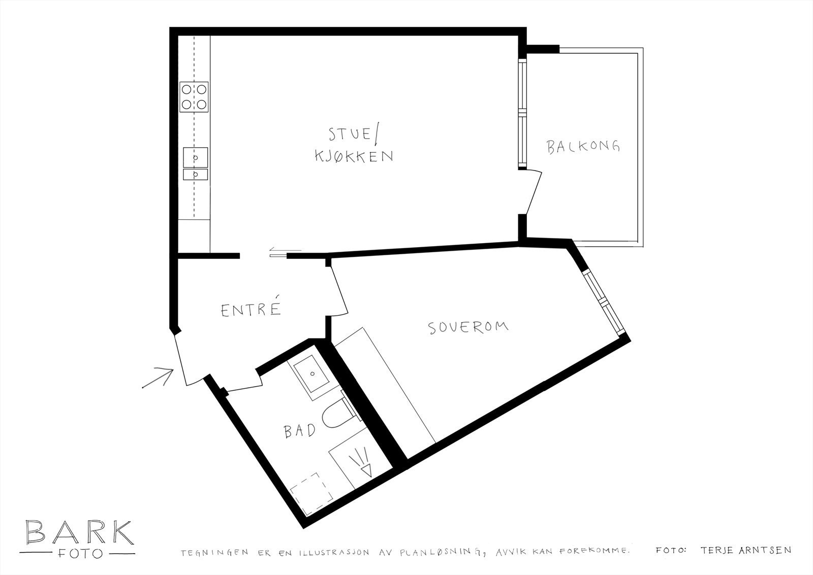 Leiligheten har følgende innredning: Entré, bad/vaskerom, soverom, stue/kjøkken og innglasset balkong. Galleribilde