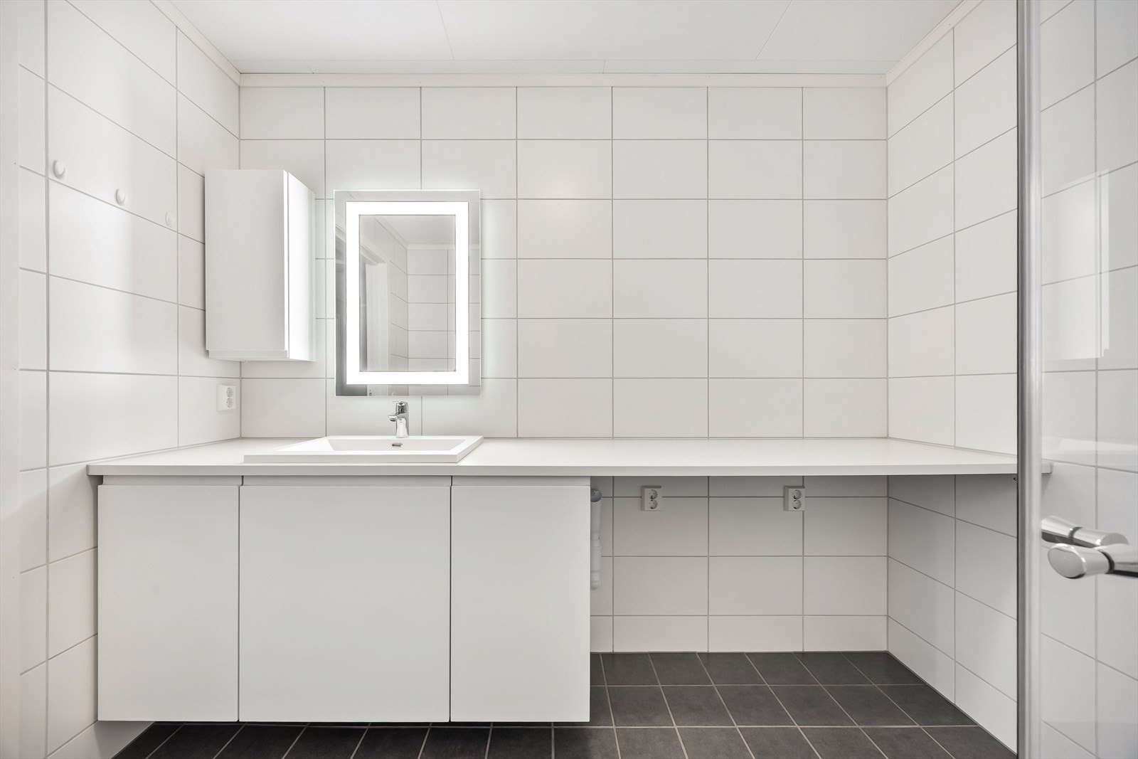 Innredning med nedfelt servant og opplegg for vaskemaskin. Galleribilde