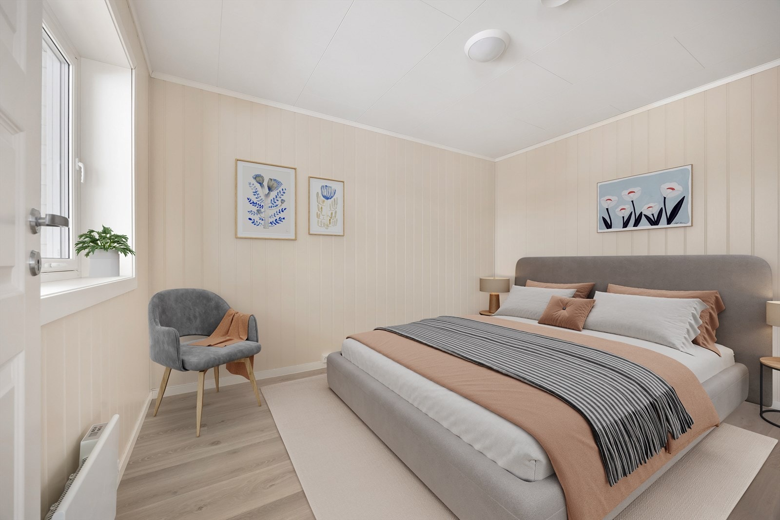 Hovedsoverommet har god plass til dobbeltseng og garderobeløsning. Digitalt stylet Galleribilde