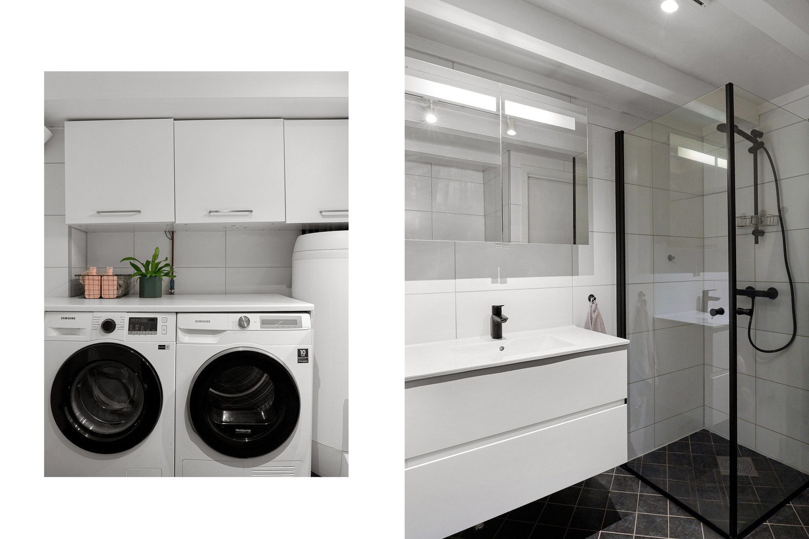 Romslig bad med flislagte overflater, gulvvarme, dusjhjørne og opplegg for vaskemaskin. Galleribilde