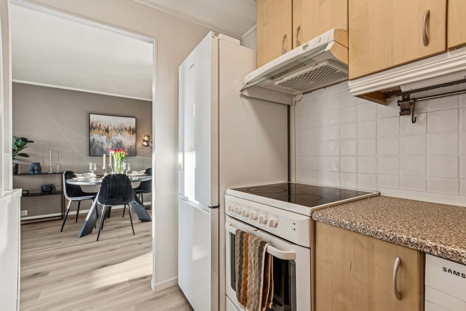 Frittstående hvitevarer som komfyr, oppvaskmaskin og kjøl/frys. Galleribilde