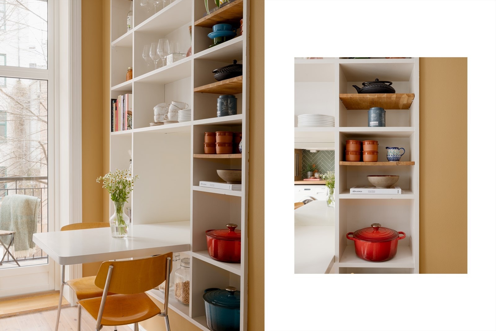 Plassbygde hyller og en smart, integrert spiseplass er eksempler på leilighetens arealeffektive løsninger. Galleribilde