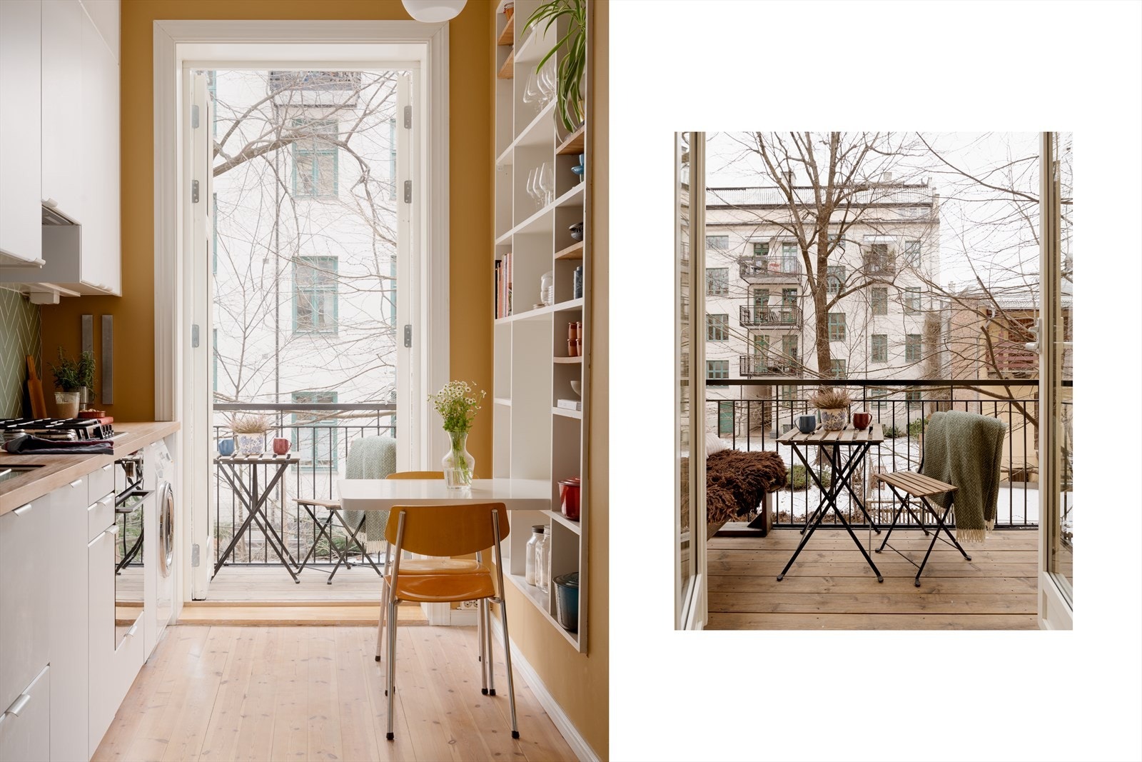 Balkongen vender ut mot en rolig, grønn og skjermet bakgård, og fungerer som et svalt og behagelig uterom som forlenger boligen gjennom sommerhalvåret. Galleribilde