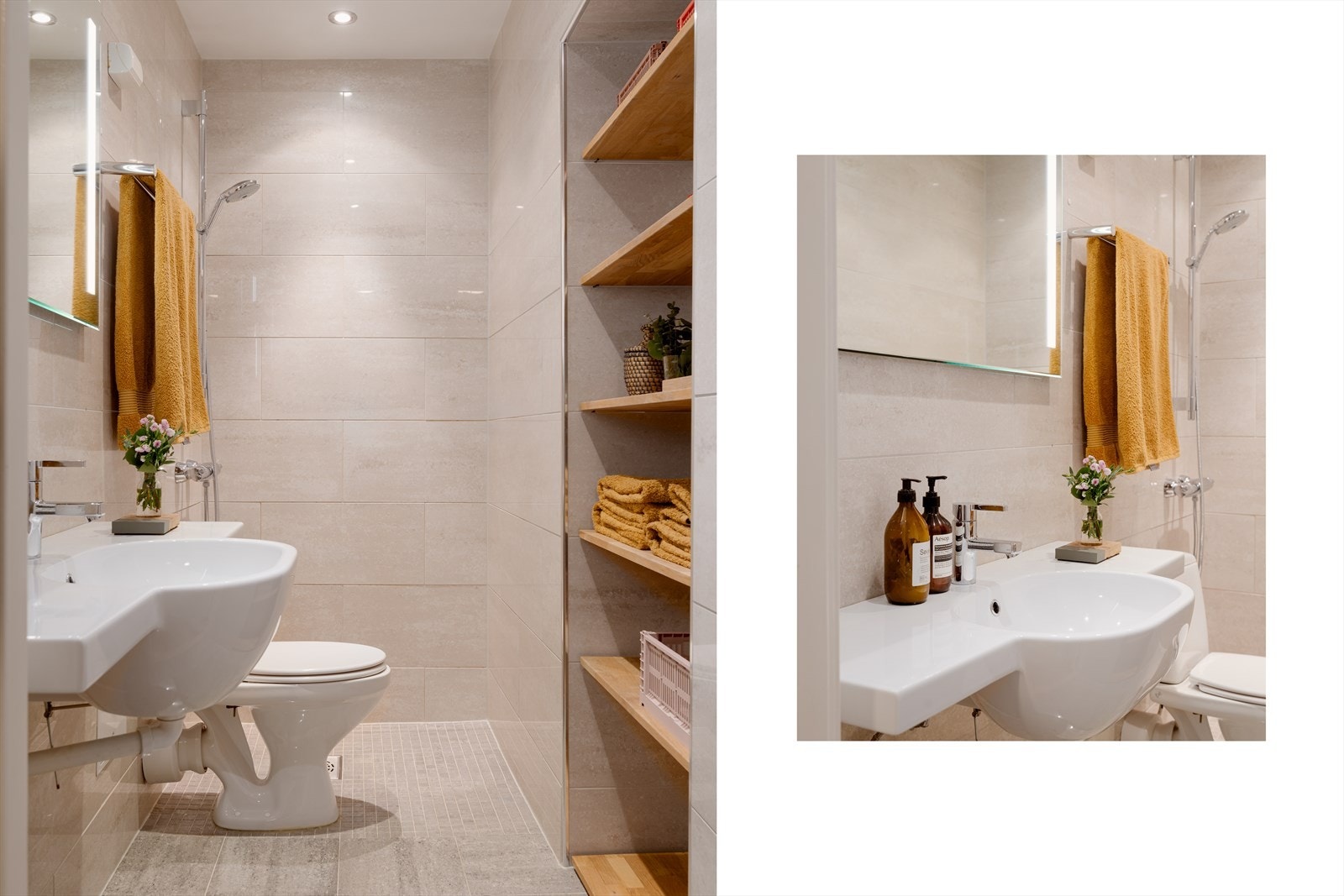 Pent bad med flislagte overflater, downlights i himlingen og varme i gulvet for økt komfort. Galleribilde