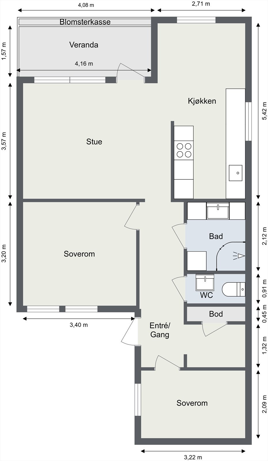 Plantegning. Flere har bygget om spiseplassen på kjøkkenet for et ekstra disponibelt rom. Galleribilde