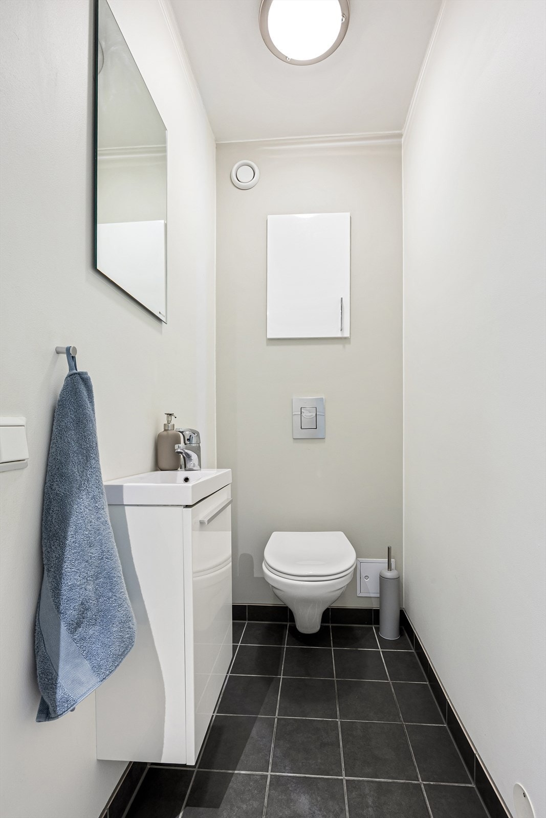 Separat wc med fliser på gulv og gulvvarme. Malte vegger, servant og vegghengt toalett. Galleribilde