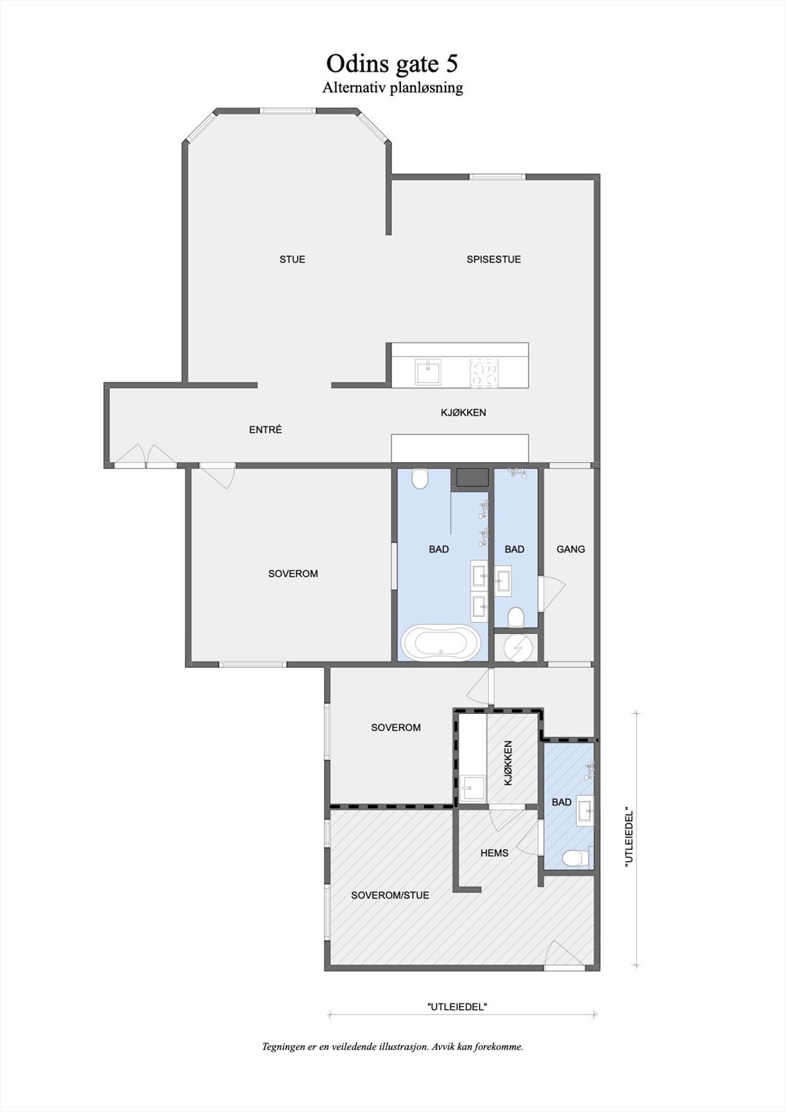 Alternativ planløsning med utleiedel. Galleribilde