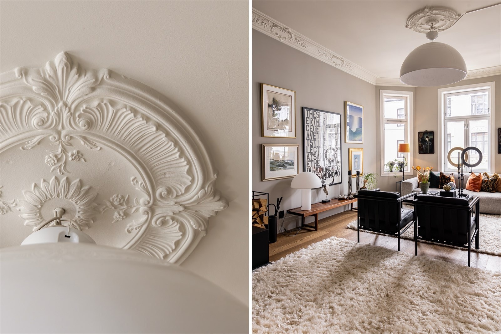 Du legger umiddelbart merke til de mange vakre, originale detaljene. Rosett og stukkatur er gjennomgående i rommene. Galleribilde