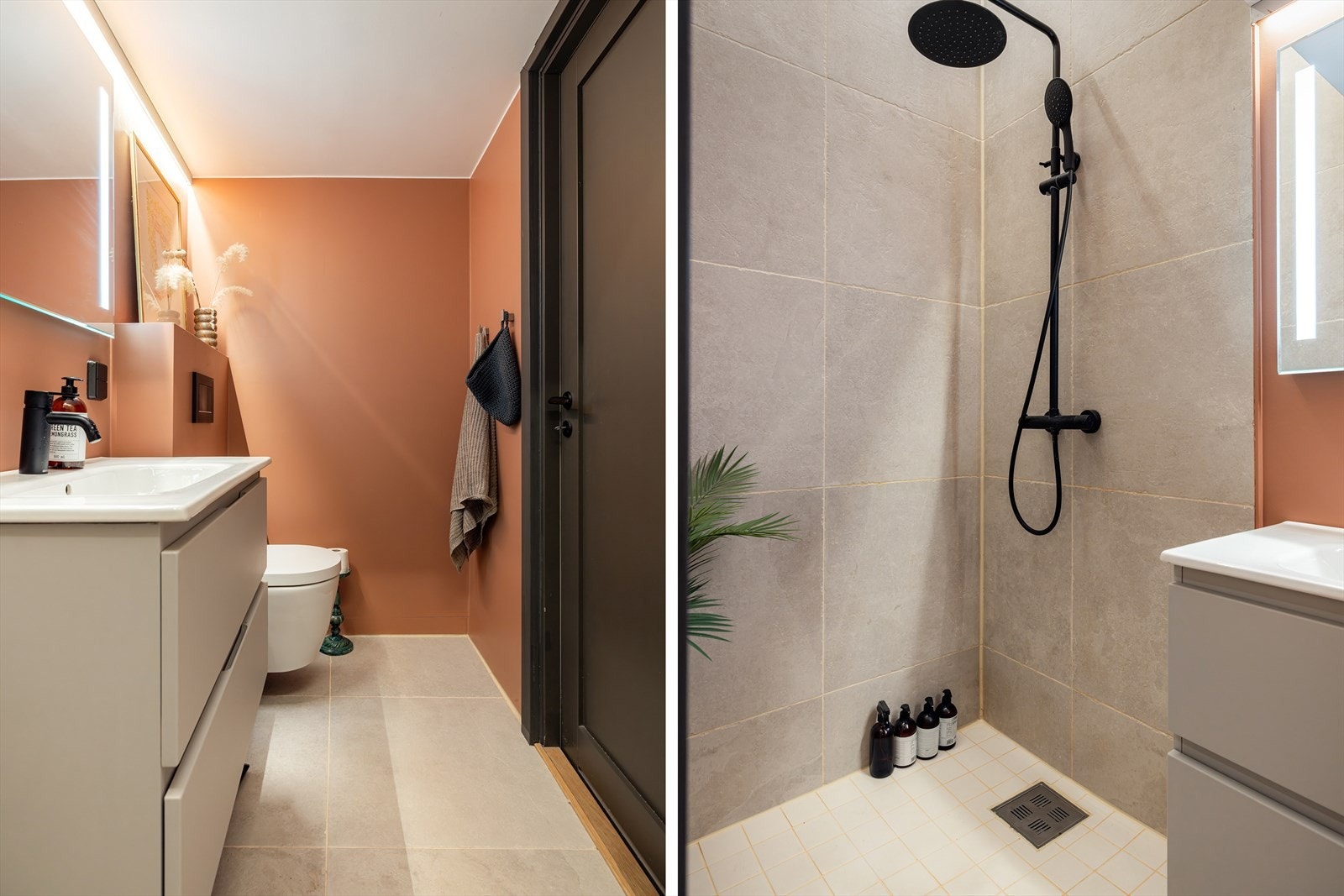 Stuen har adkomst til eget flott bad, utstyrt med toalett, dusjhjørne, servant og speil. Galleribilde