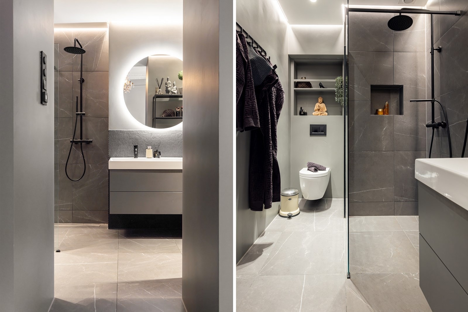 Badet ble oppgradert i 2019 og er innredet for par. Her har du dobbel dusj og servant med dobbel armatur. Forøvrig er badet innredet med vegghengt toalett og designbadekar. Galleribilde