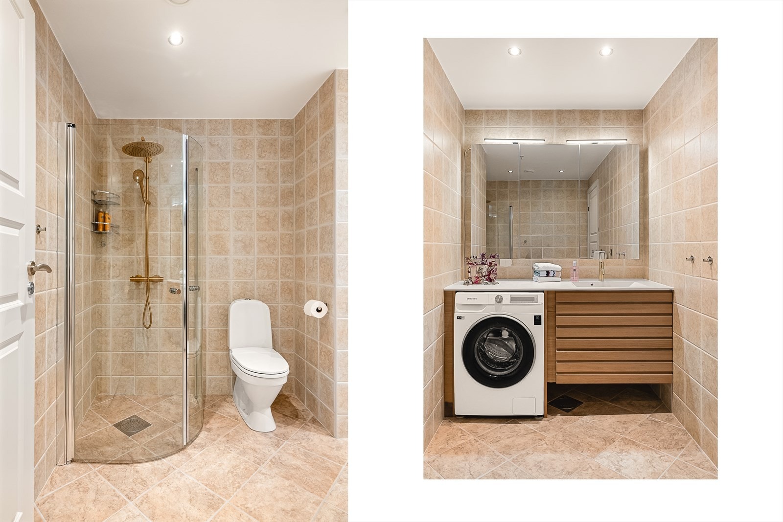 Lekkert innredet bad. Nyere tropedusjarmatur i messing, nytt armatur i messing og nyere innredning fra Kvik. Galleribilde