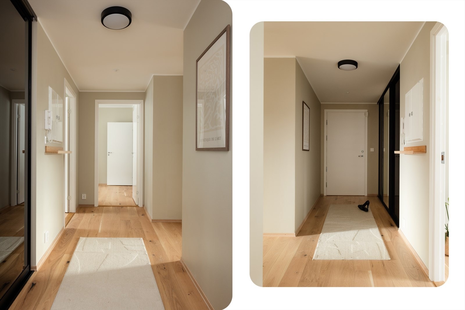 I entréen er det en praktisk og ryddig skyvedørsgarderobe for sko og oppheng av jakker Galleribilde