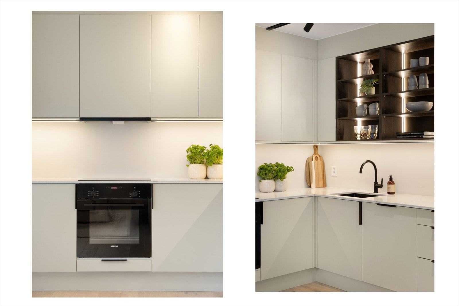Kjøkkenet oser kvalitet; Her er det integrerte hvitevarer fra Siemens, benkelpate i kompositt (Bianco Carrina) og åpne hyller med belysning. Galleribilde