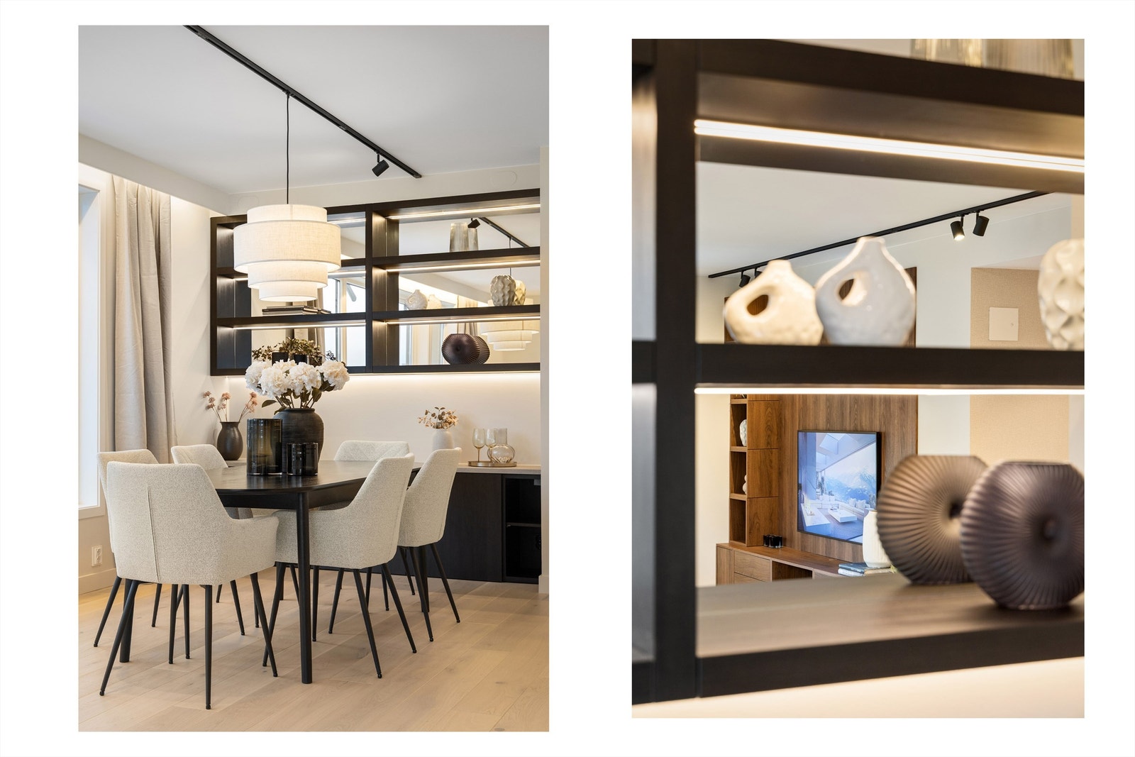 Kjøkkenet er forlenget mot spiseplassen med plassbygget oppbevaring. Kreativ bruk av speil og belysning gir følelsen av at hyllene smelter inn i omgivelsene! Galleribilde