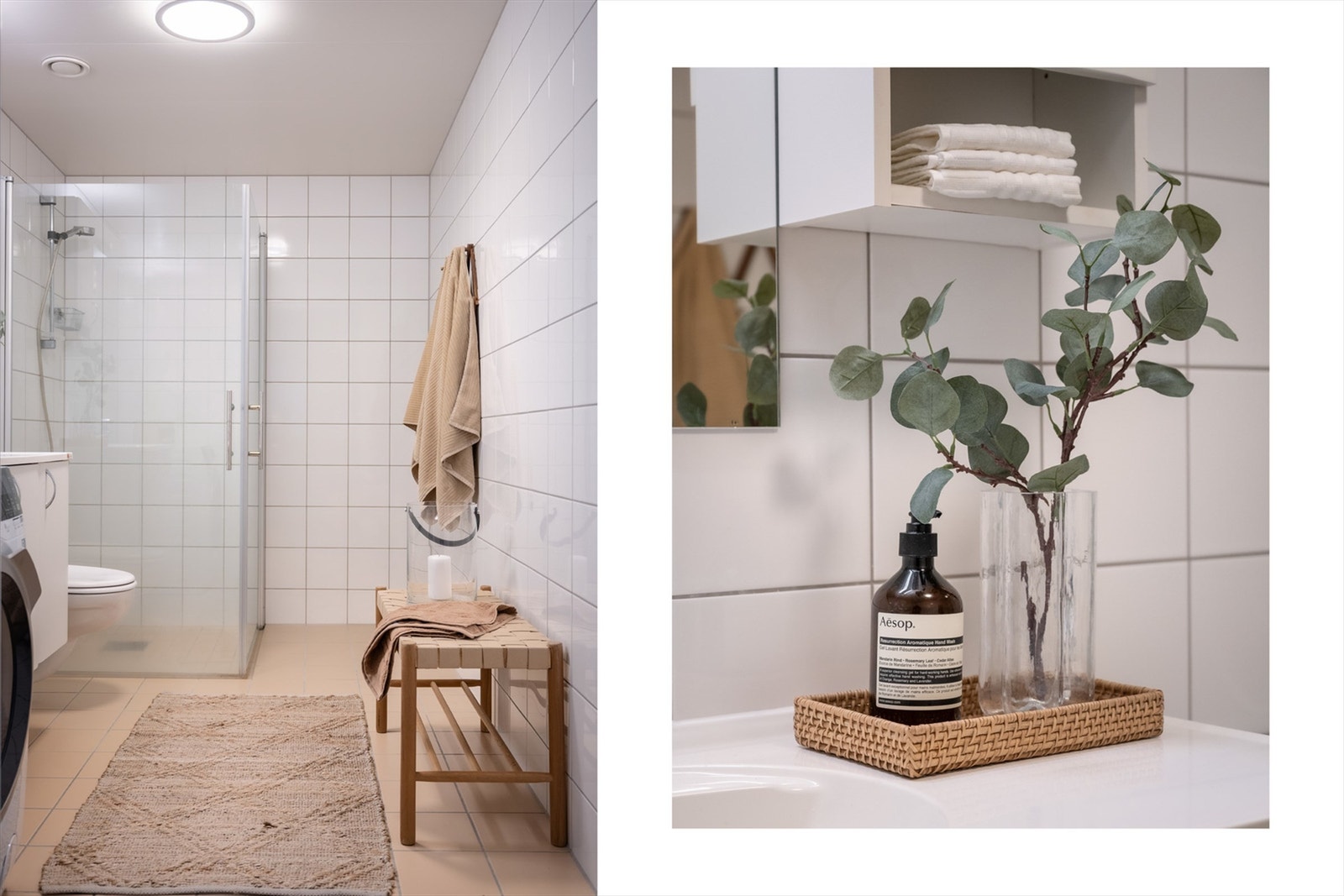 Badet er innredet med vegghengt toalett, servant med innredning og et praktisk dusjhjørne. Galleribilde