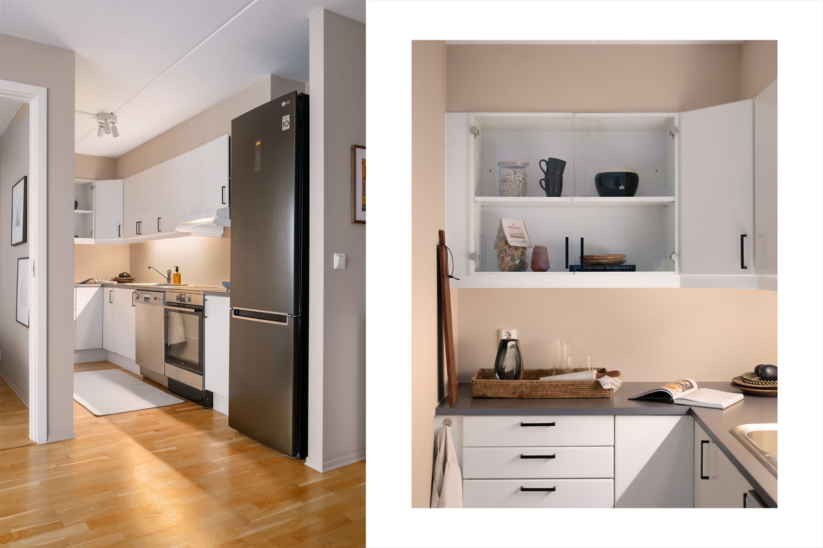 Hvitevarene er sømløst integrert i innredningen og består av komfyr og oppvaskmaskin. Galleribilde