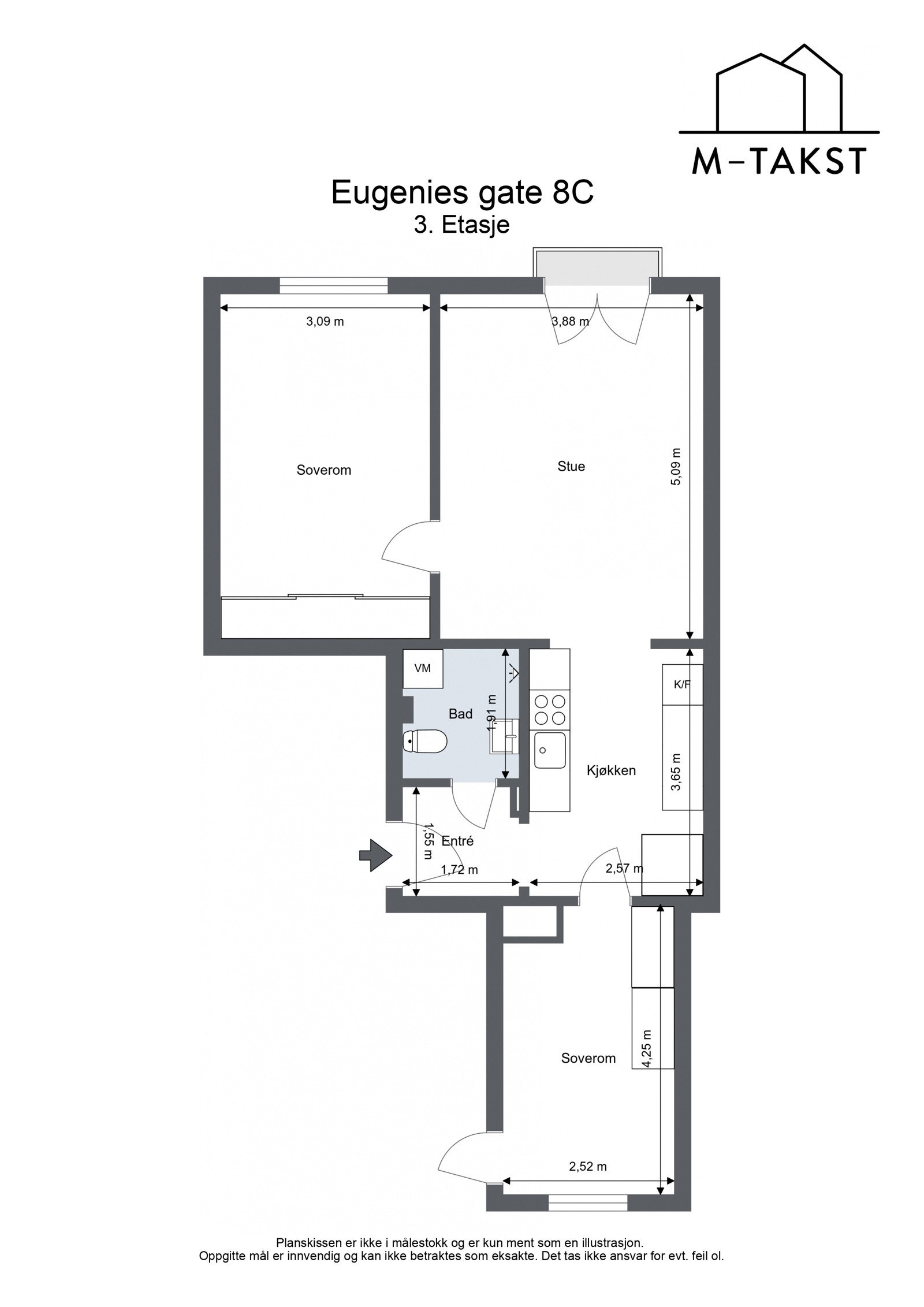 Leiligheten har en god og funksjonell planløsning og byr på innbydende entré, romslig stue, separat kjøkken, to gode soverom og flislagt bad. Galleribilde