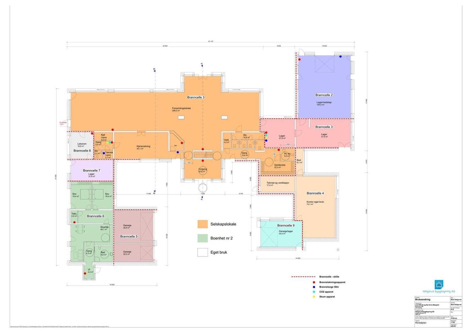 Plantegning av selskapslokalet, leiligheten, garasjene m.m. Galleribilde
