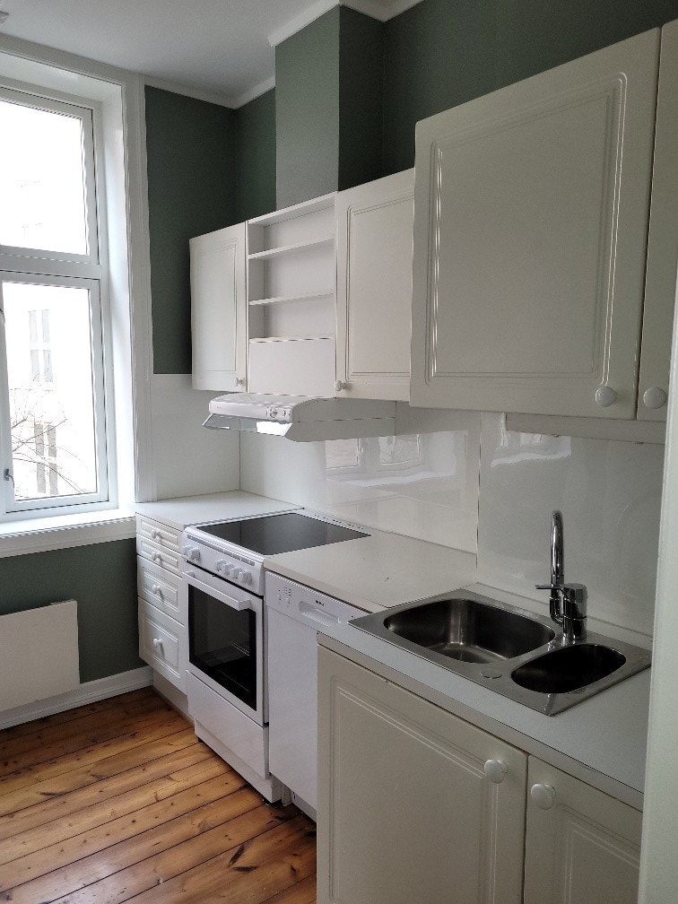 Kjøkken med komfyr, kjøleskap og oppvaskmaskin Galleribilde